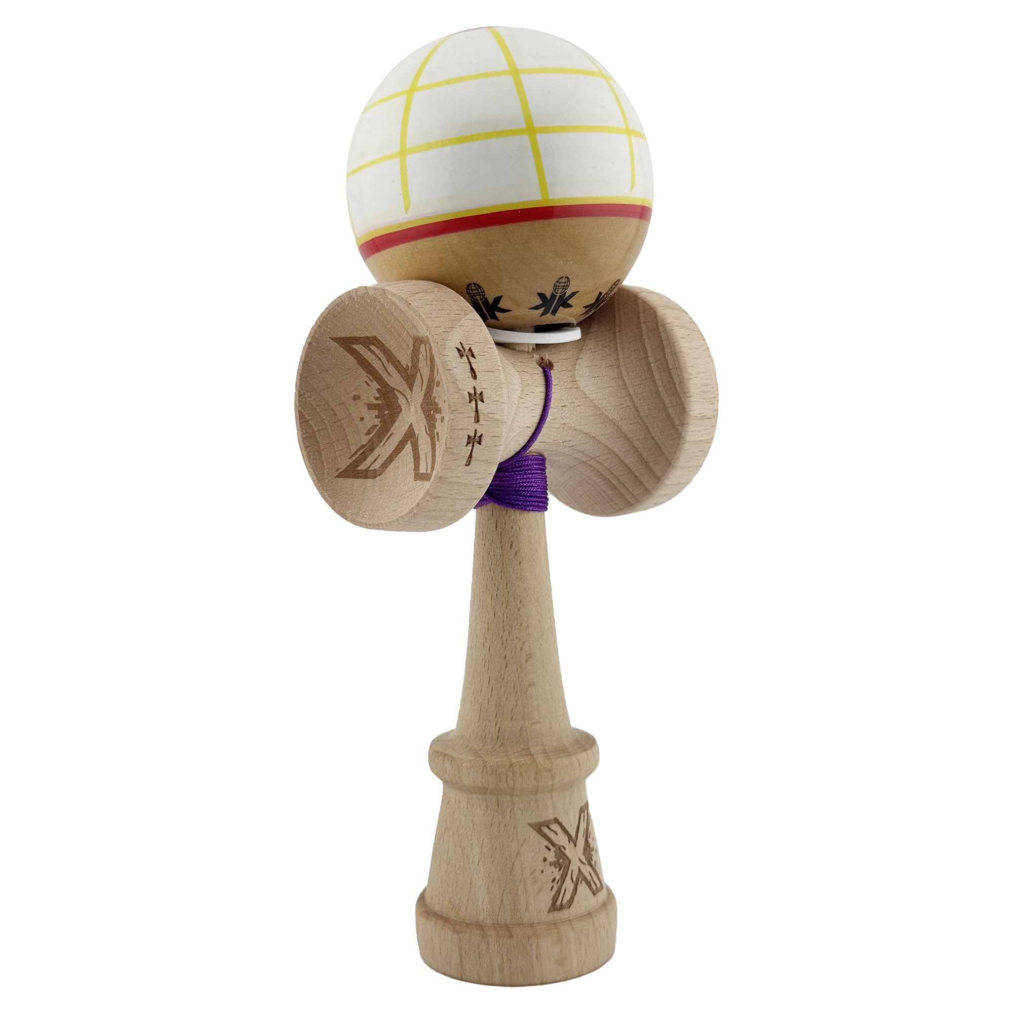 Kendama X Originala, Profesionala, Flippy, Legendary Glob, Cupe Mari KING SIZE V3, Super Sticky, Gaura in Baza, Rulment Metalic, din lemn 18 cm, Ata 62/65 cm, Alb/Galben/Rosu