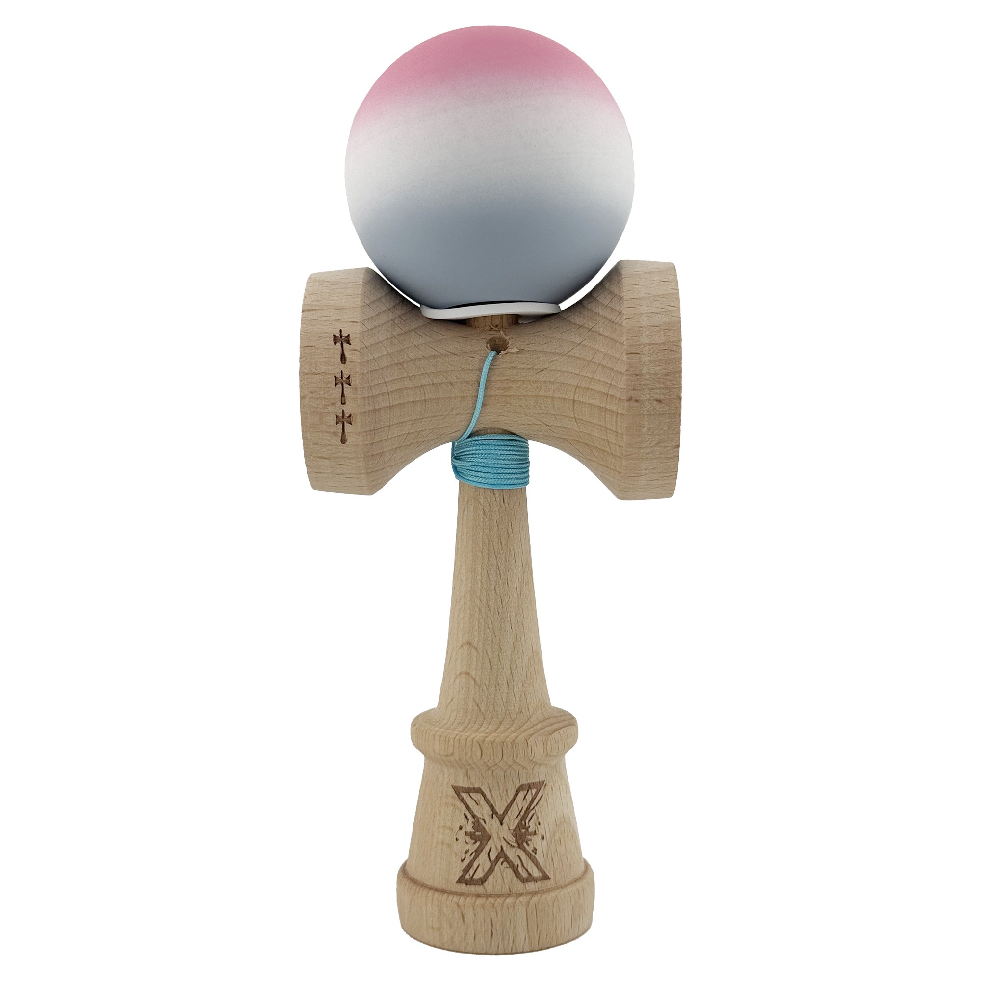 Kendama X Originala, Profesionala, Flippy, Rubber Grip, Cupe Mari KING SIZE V3, Gaura in Baza, Rulment Metalic, din lemn 18 cm, Ata 62/65 cm, Gradient Roz/Alb/Gri - imagine 2