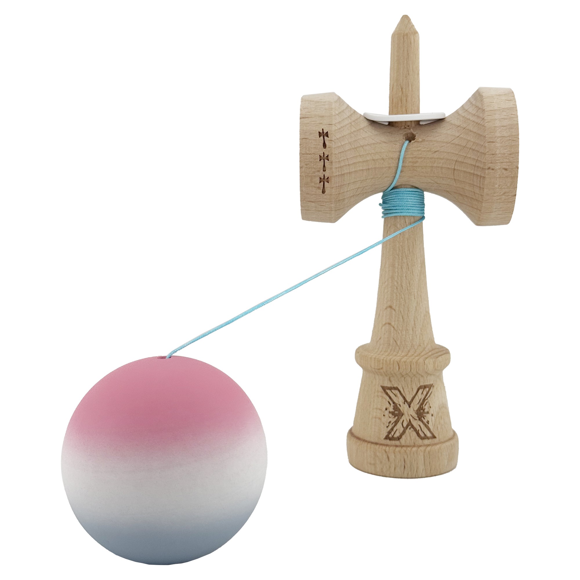 Kendama X Originala, Profesionala, Flippy, Rubber Grip, Cupe Mari KING SIZE V3, Gaura in Baza, Rulment Metalic, din lemn 18 cm, Ata 62/65 cm, Gradient Roz/Alb/Gri - imagine 4