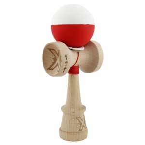 Kendama X Originala, Profesionala, Flippy, Rubber Grip, Cupe Mari KING SIZE V3, Gaura in Baza, Rulment Metalic, din lemn 18 cm, Ata 62/65 cm, Bicolor Alb/Rosu