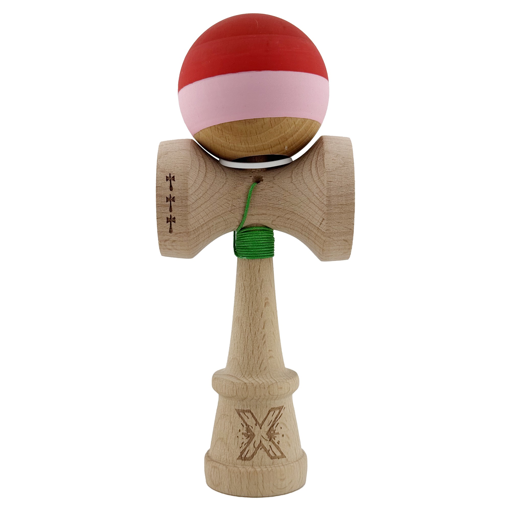 Kendama X Originala, Profesionala, Flippy, Rubber Grip, Cupe Mari KING SIZE V3, Gaura in Baza, Rulment Metalic, din lemn 18 cm, Ata 62/65 cm, Special Rosu/Roz/Maro - imagine 2