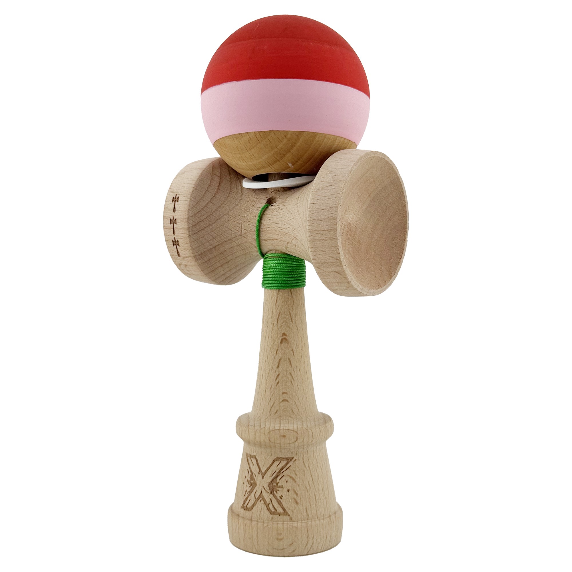 Kendama X Originala, Profesionala, Flippy, Rubber Grip, Cupe Mari KING SIZE V3, Gaura in Baza, Rulment Metalic, din lemn 18 cm, Ata 62/65 cm, Special Rosu/Roz/Maro - imagine 3