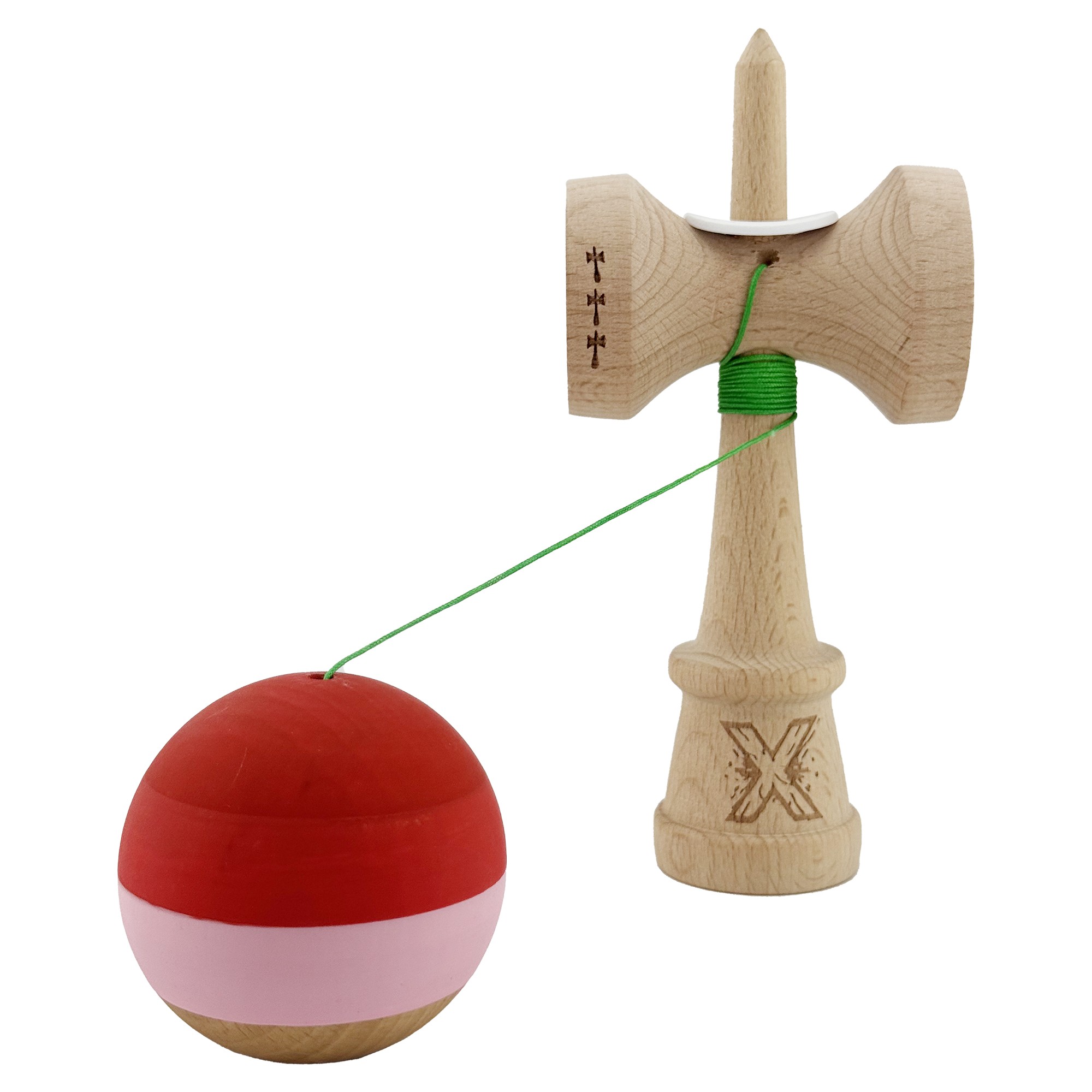 Kendama X Originala, Profesionala, Flippy, Rubber Grip, Cupe Mari KING SIZE V3, Gaura in Baza, Rulment Metalic, din lemn 18 cm, Ata 62/65 cm, Special Rosu/Roz/Maro - imagine 4