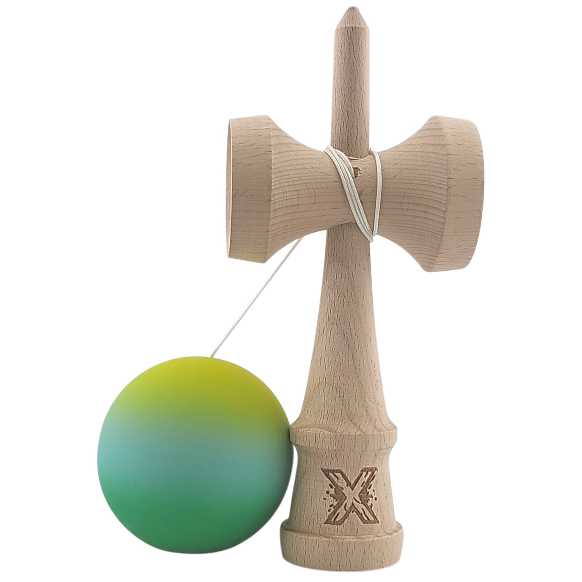 Kendama X Originala, Profesionala, Flippy, Rubber Grip, din Lemn, 18 cm, Galben/Albastru/Verde - imagine 2