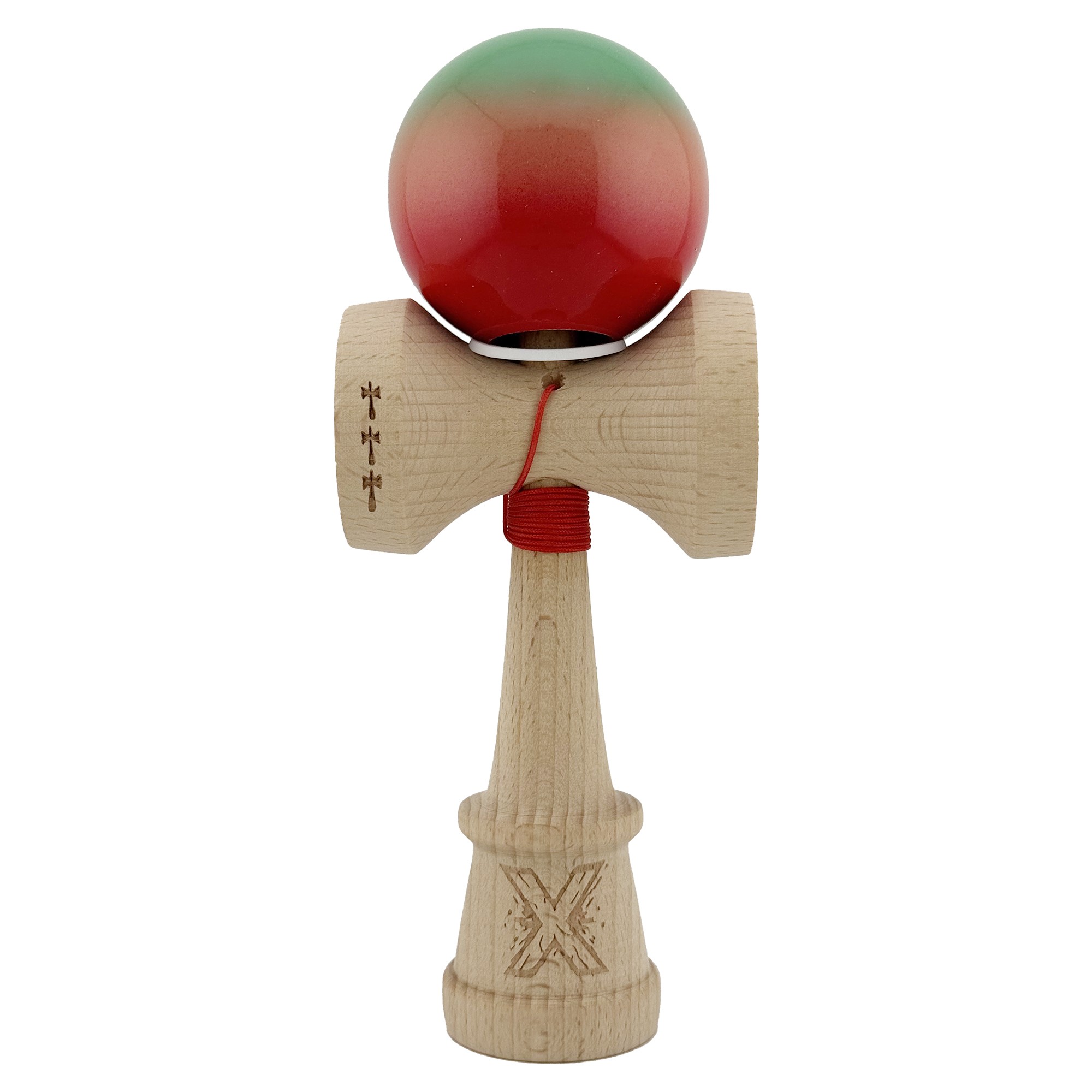 Kendama X Originala, Profesionala, Flippy, Super Sticky cu Cupe Mari KING SIZE V3, Gaura in Baza, Rulment Metalic, din lemn 18 cm, Ata 62/65 cm, Gradient Verde/Portocaliu/Rosu - imagine 2