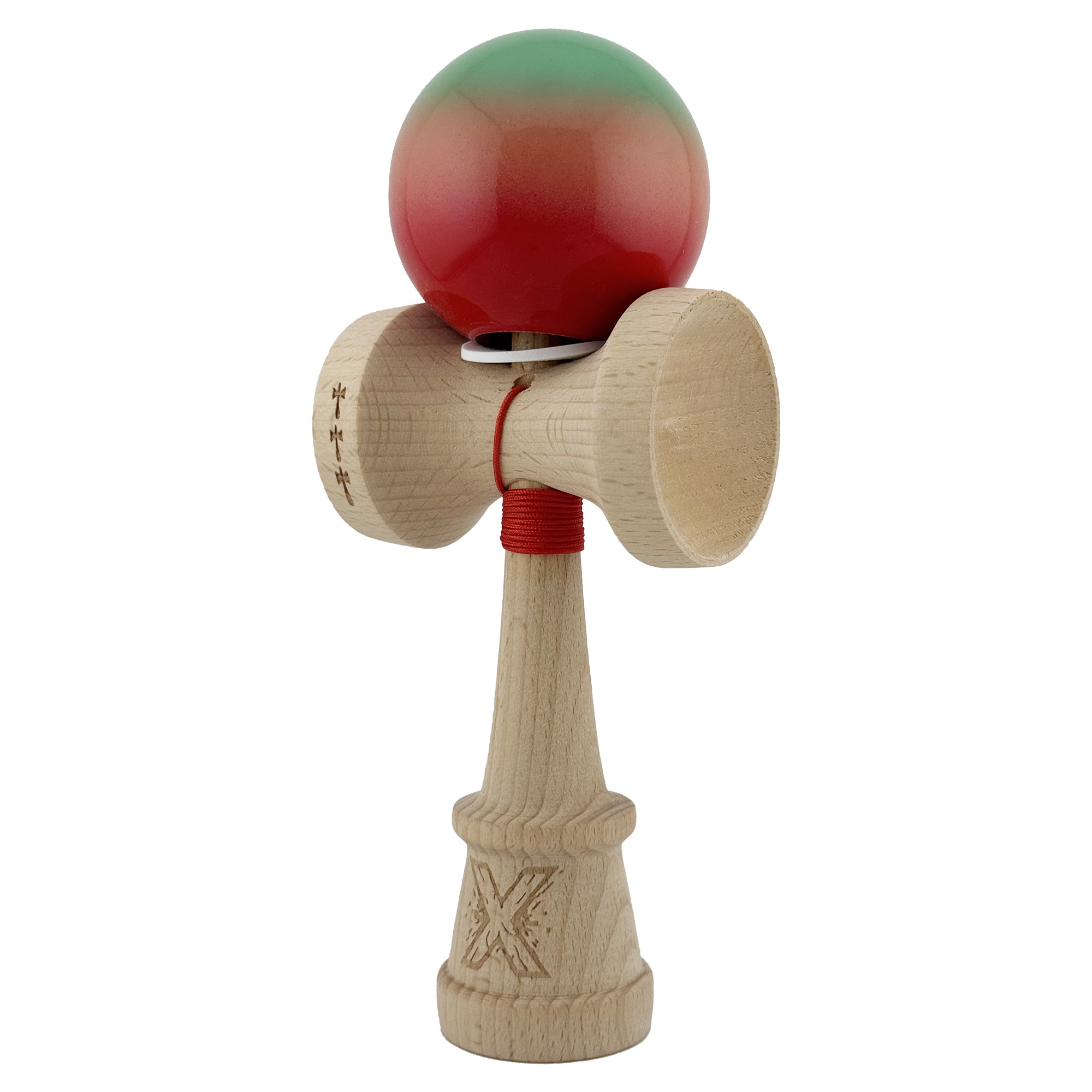 Kendama X Originala, Profesionala, Flippy, Super Sticky cu Cupe Mari KING SIZE V3, Gaura in Baza, Rulment Metalic, din lemn 18 cm, Ata 62/65 cm, Gradient Verde/Portocaliu/Rosu - imagine 3