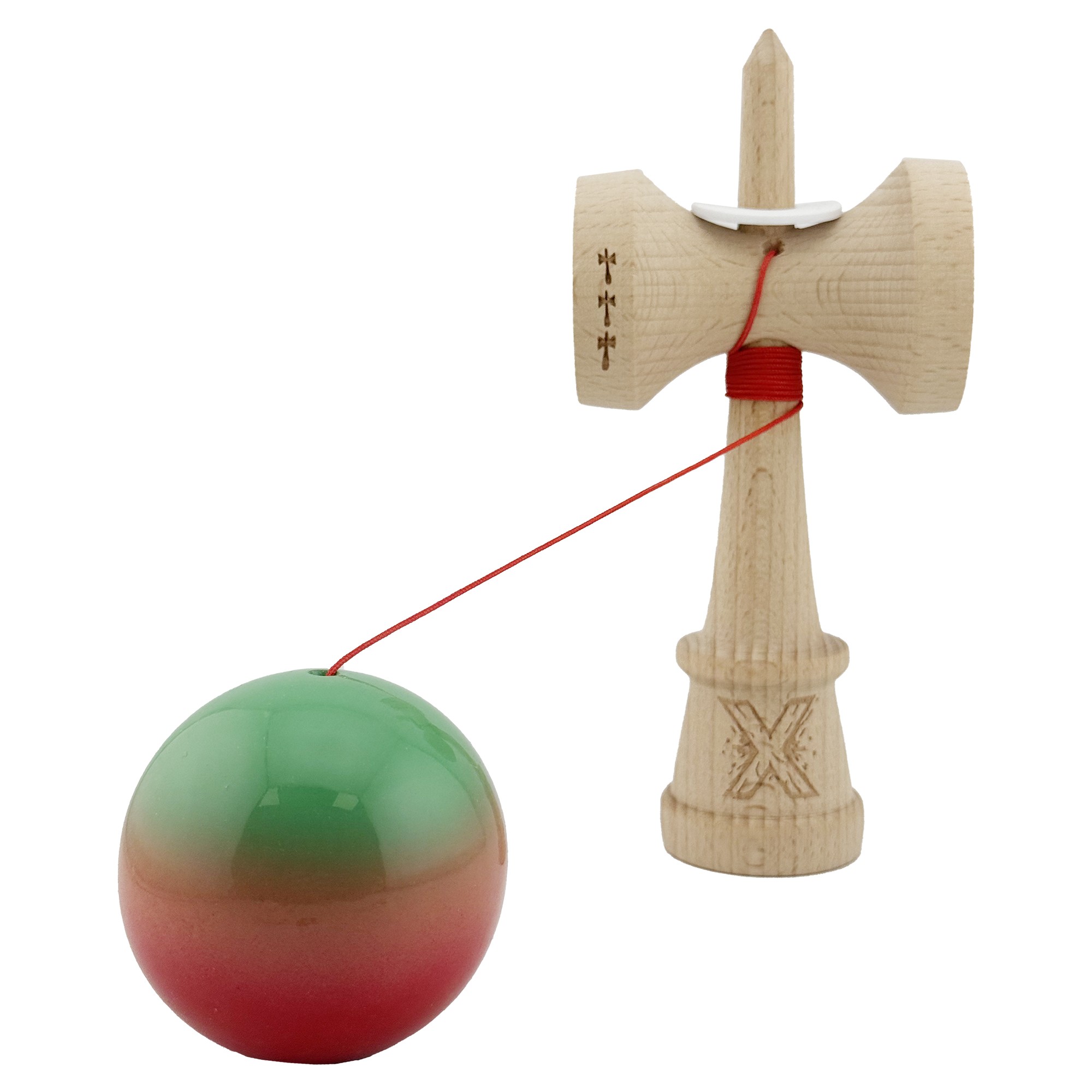 Kendama X Originala, Profesionala, Flippy, Super Sticky cu Cupe Mari KING SIZE V3, Gaura in Baza, Rulment Metalic, din lemn 18 cm, Ata 62/65 cm, Gradient Verde/Portocaliu/Rosu - imagine 4