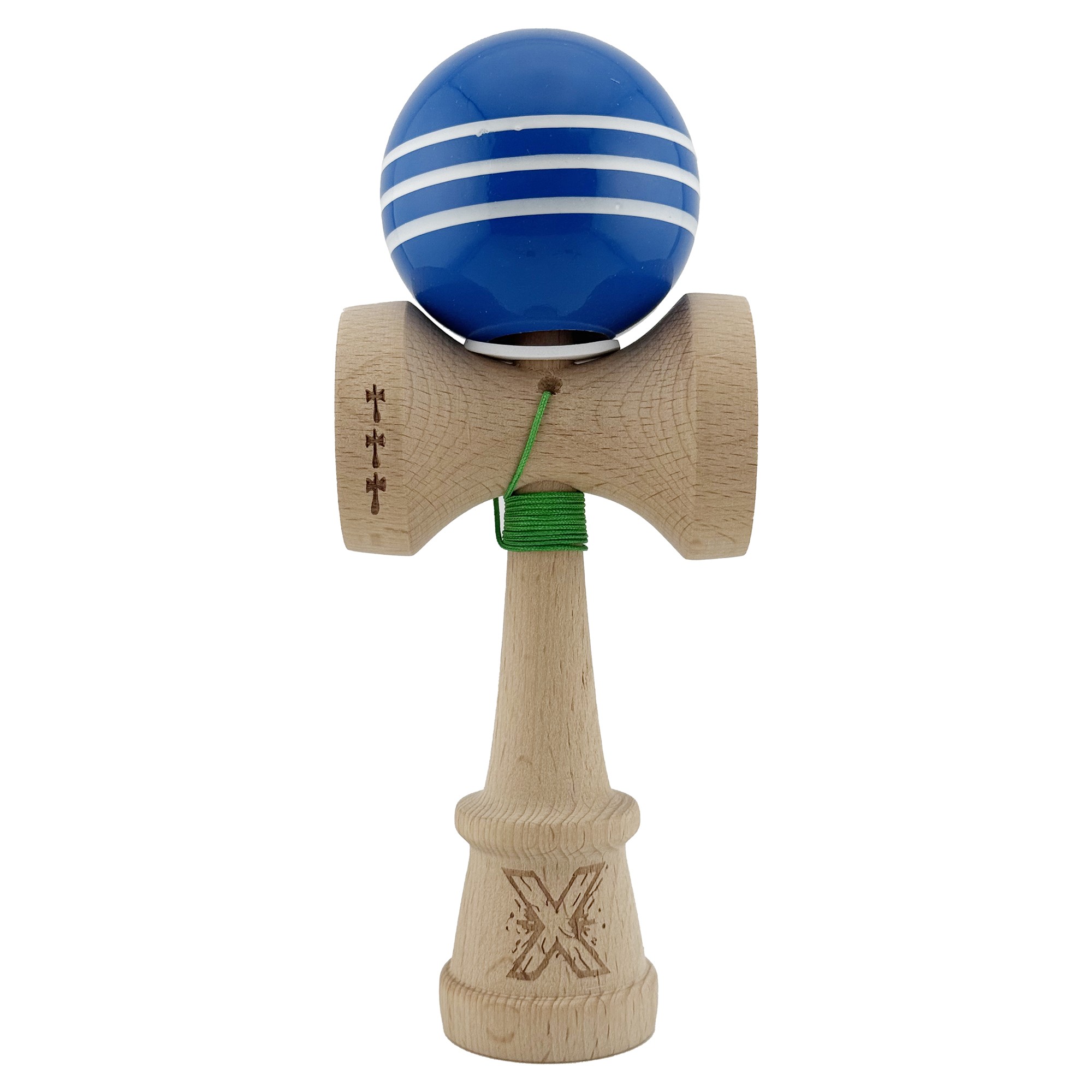 Kendama X Originala, Profesionala, Flippy, Super Sticky cu Cupe Mari KING SIZE V3, Gaura in Baza, Rulment Metalic, din lemn 18 cm, Ata 62/65 cm, Special Albastru/Alb - imagine 2