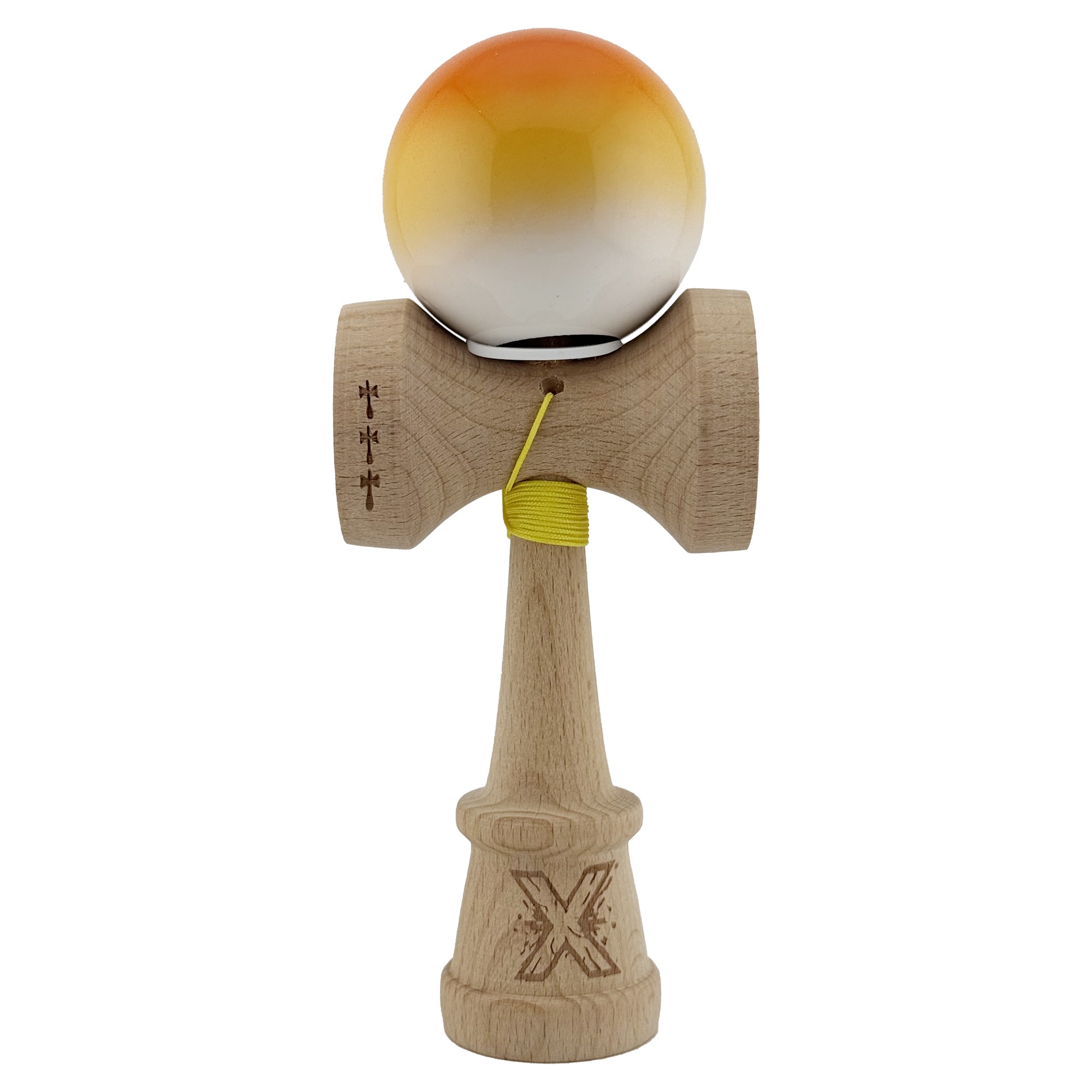 Kendama X Originala, Profesionala, Flippy, Super Sticky cu Cupe Mari KING SIZE V3, Gaura in Baza, Rulment Metalic, din lemn 18 cm, Ata 62/65 cm, Gradient Portocaliu/Galben/Alb - imagine 2