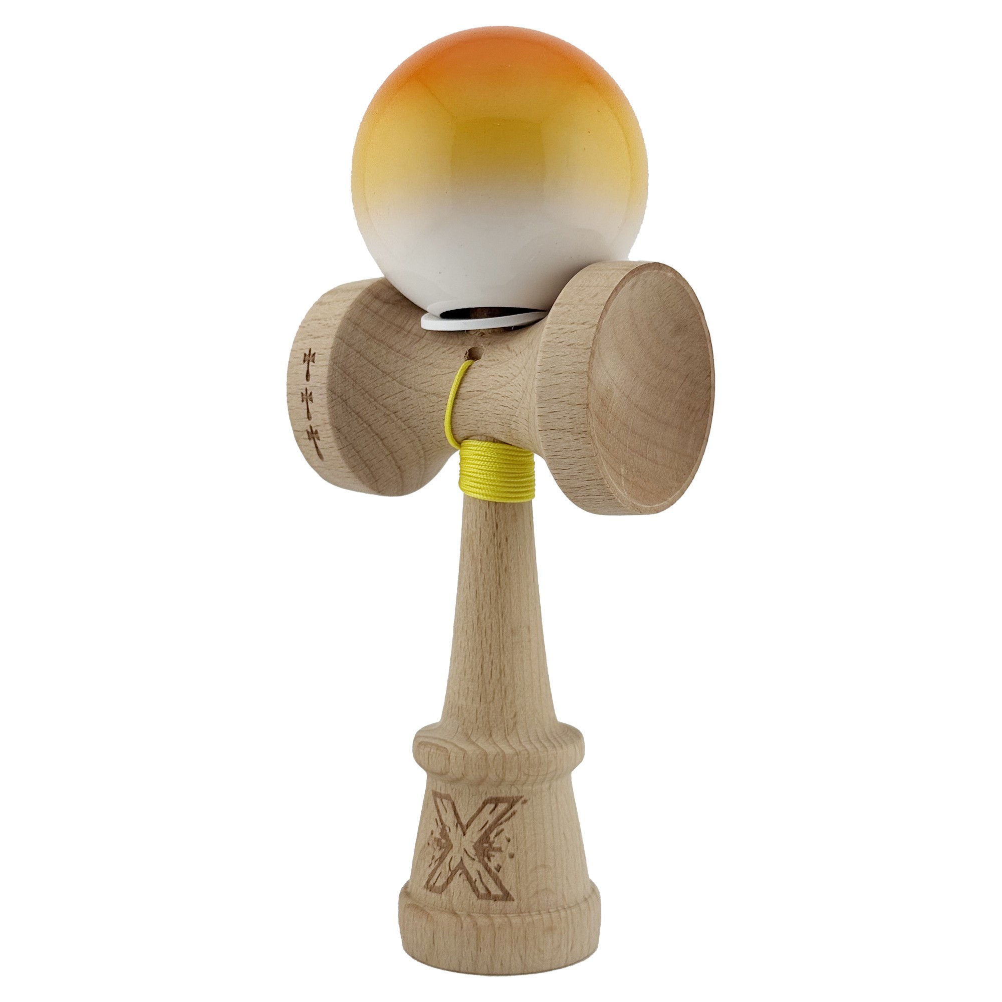 Kendama X Originala, Profesionala, Flippy, Super Sticky cu Cupe Mari KING SIZE V3, Gaura in Baza, Rulment Metalic, din lemn 18 cm, Ata 62/65 cm, Gradient Portocaliu/Galben/Alb - imagine 3