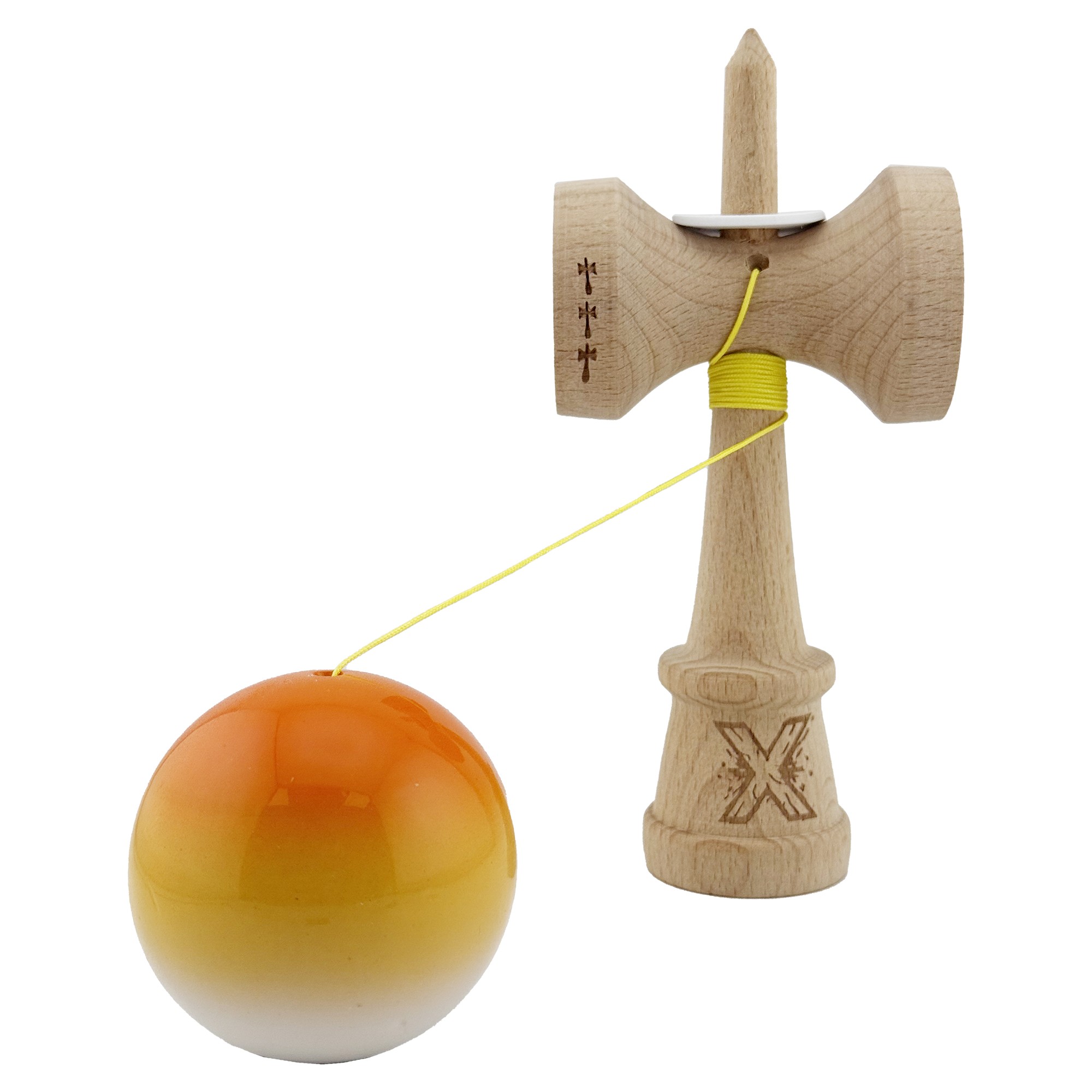 Kendama X Originala, Profesionala, Flippy, Super Sticky cu Cupe Mari KING SIZE V3, Gaura in Baza, Rulment Metalic, din lemn 18 cm, Ata 62/65 cm, Gradient Portocaliu/Galben/Alb - imagine 4