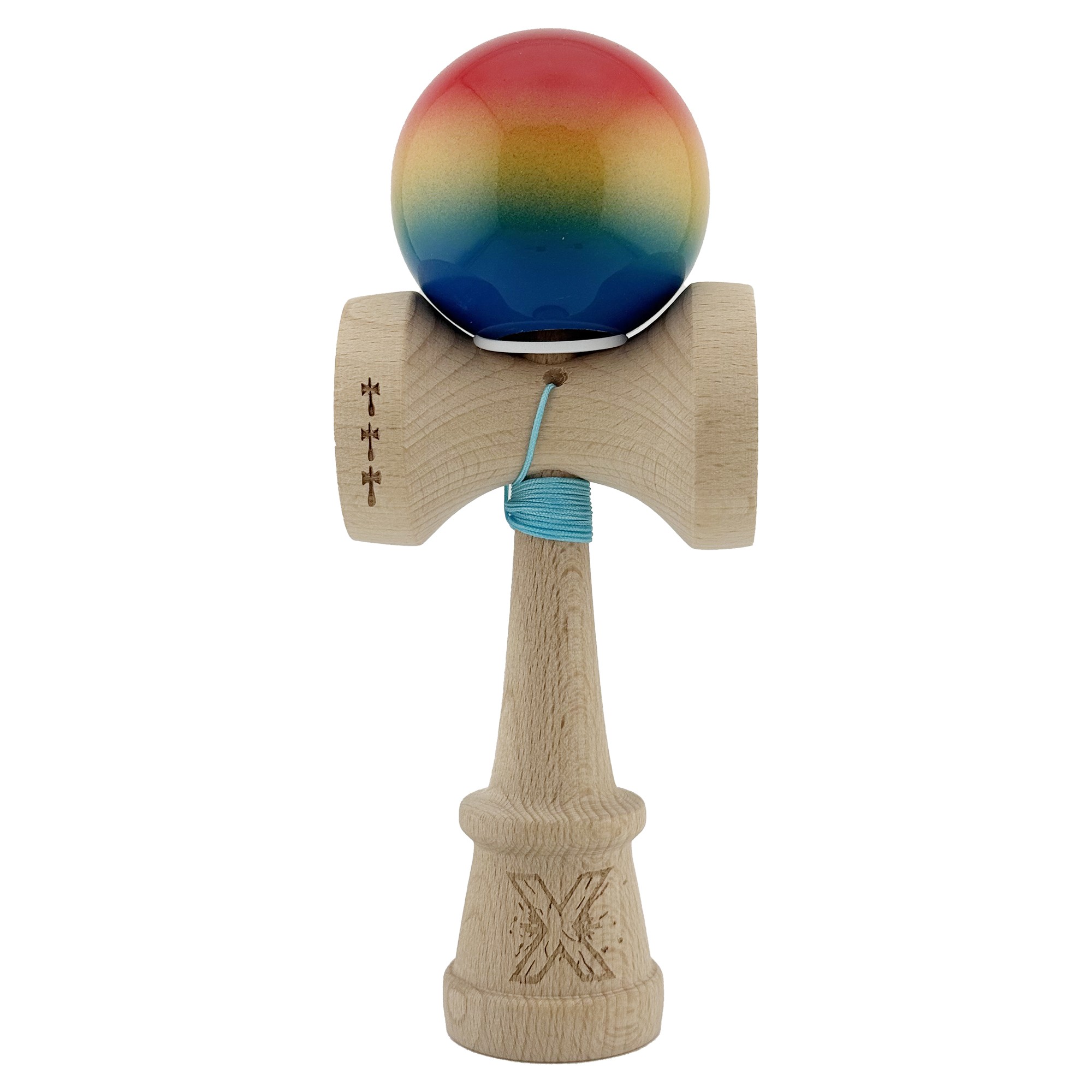 Kendama X Originala, Profesionala, Flippy, Super Sticky cu Cupe Mari KING SIZE V3, Gaura in Baza, Rulment Metalic, din lemn 18 cm, Ata 62/65 cm, Gradient Rosu/Galben/Albastru - imagine 2