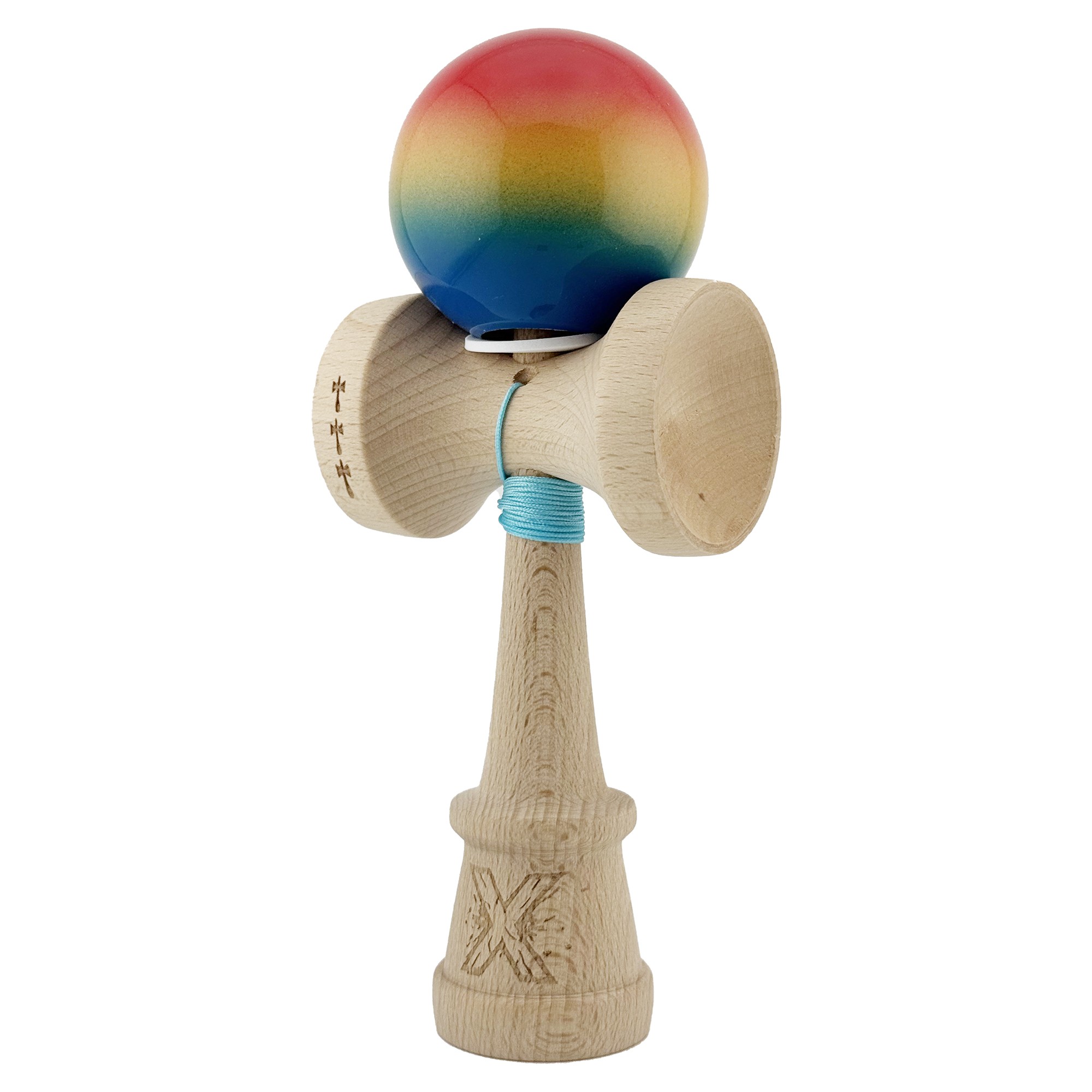 Kendama X Originala, Profesionala, Flippy, Super Sticky cu Cupe Mari KING SIZE V3, Gaura in Baza, Rulment Metalic, din lemn 18 cm, Ata 62/65 cm, Gradient Rosu/Galben/Albastru - imagine 3