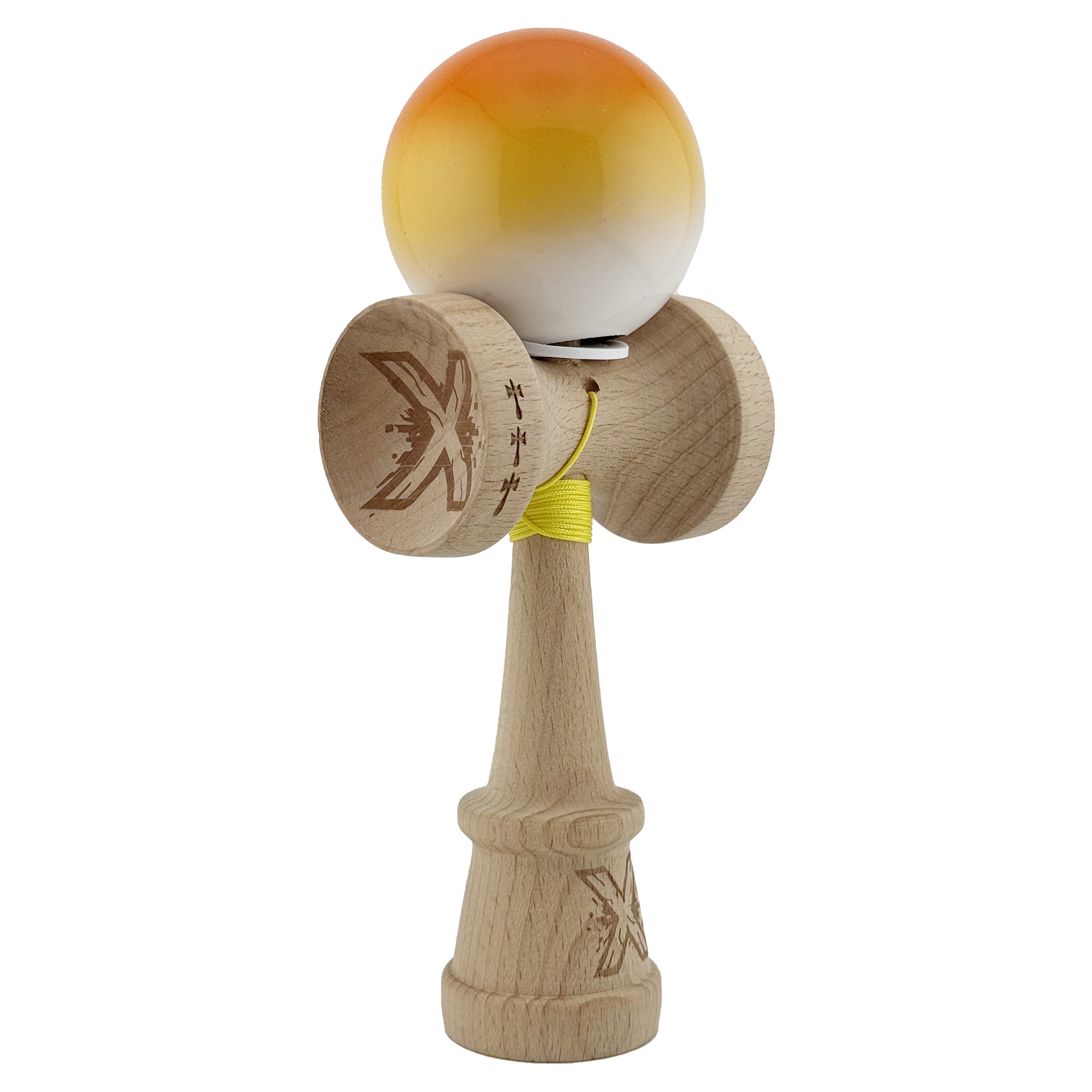 Kendama X Originala, Profesionala, Flippy, Super Sticky cu Cupe Mari KING SIZE V3, Gaura in Baza, Rulment Metalic, din lemn 18 cm, Ata 62/65 cm, Gradient Portocaliu/Galben/Alb