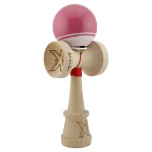Kendama X Originala, Profesionala, Flippy, Super Sticky cu Cupe Mari KING SIZE V3, Gaura in Baza, Rulment Metalic, din lemn 18 cm, Ata 62/65 cm, Special Roz/Alb
