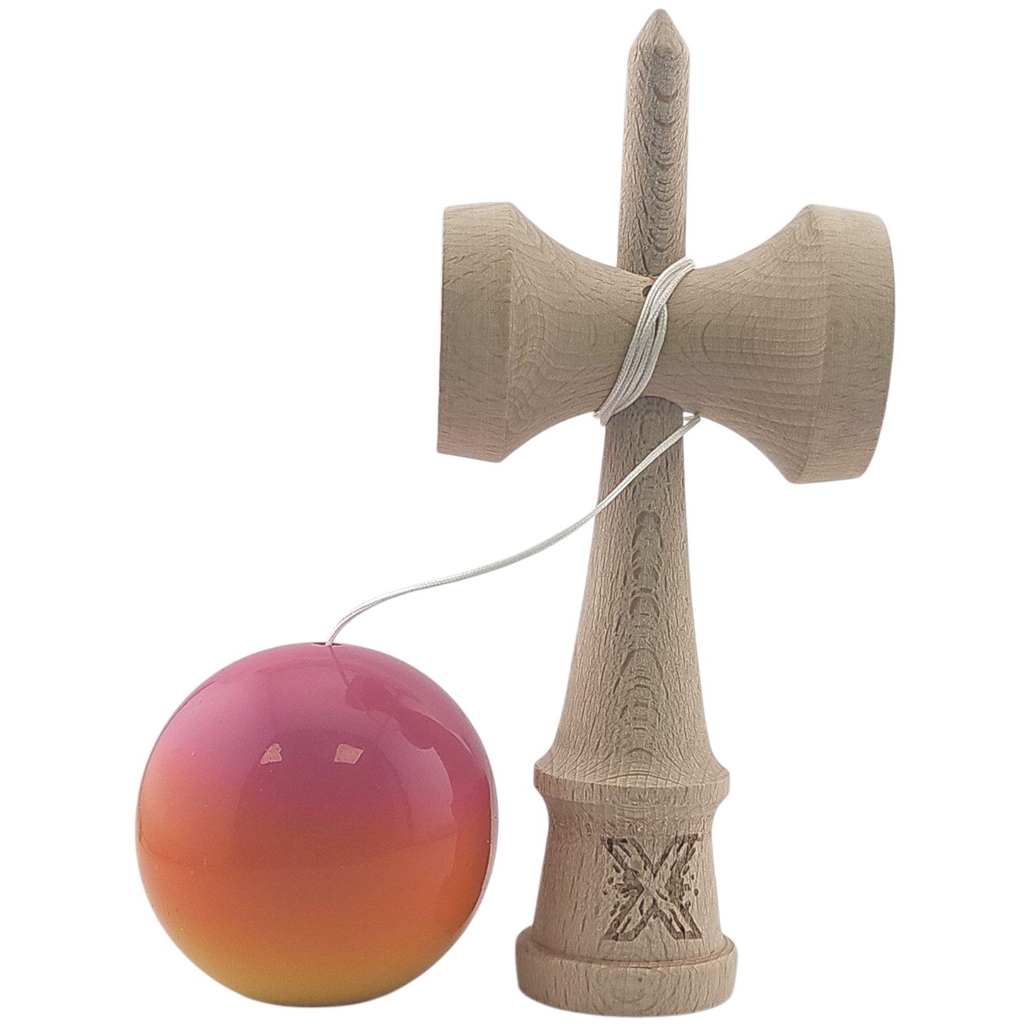 Kendama X Originala, Profesionala, Flippy, Super Sticky, din Lemn, 18 cm, Roz, Portocaliu, Galben - imagine 2
