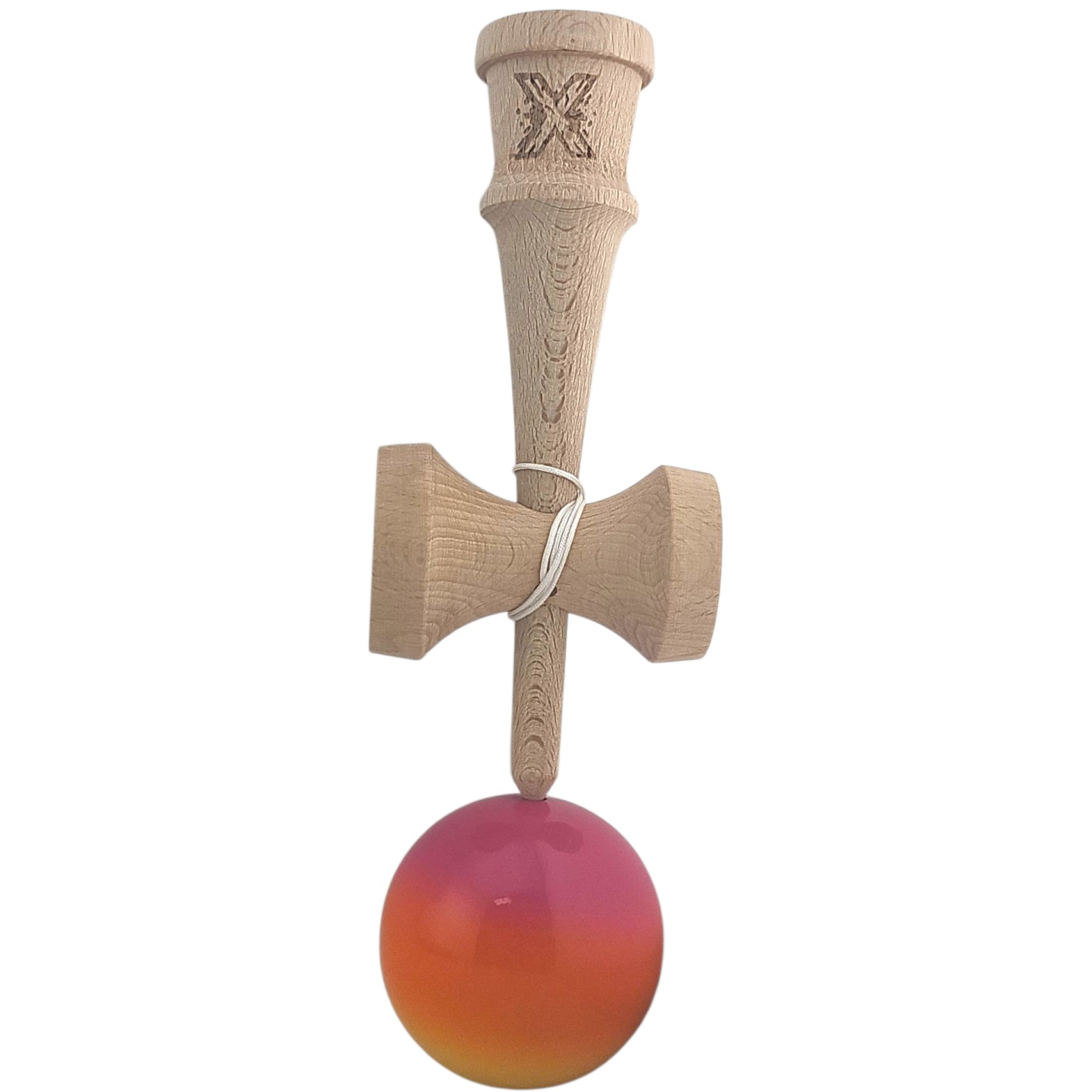 Kendama X Originala, Profesionala, Flippy, Super Sticky, din Lemn, 18 cm, Roz, Portocaliu, Galben - imagine 3