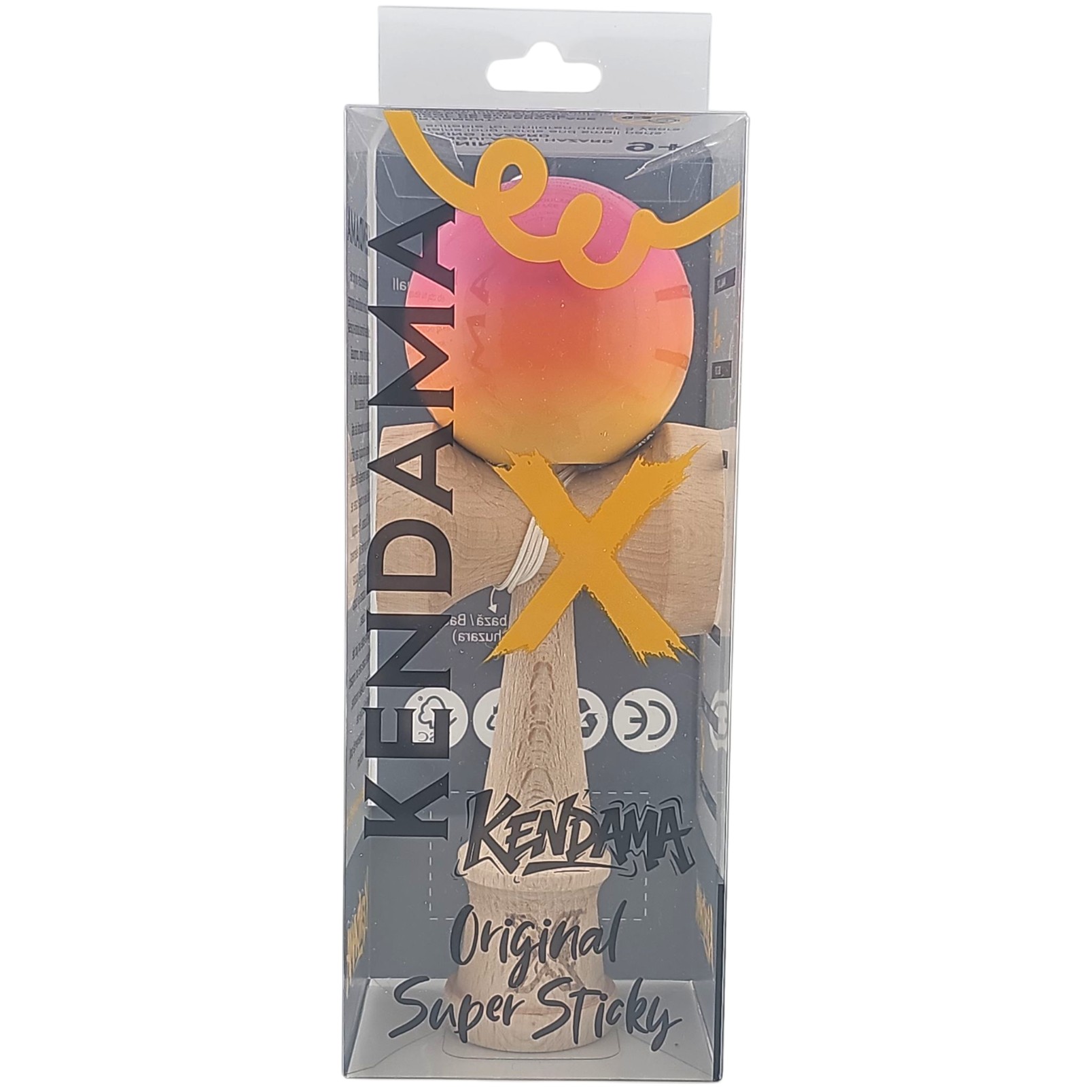 Kendama X Originala, Profesionala, Flippy, Super Sticky, din Lemn, 18 cm, Roz, Portocaliu, Galben - imagine 4