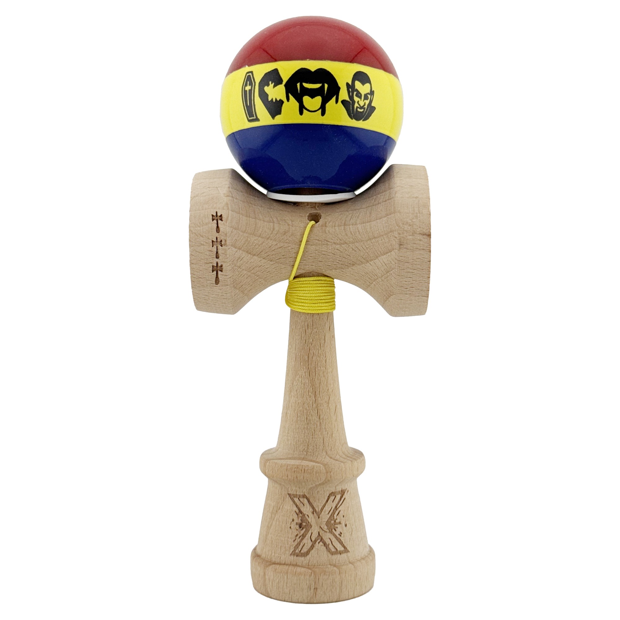 Kendama X Originala, Profesionala, Flippy, Tricolor Edition Vampir Dracula, Super Sticky cu Cupe Mari KING SIZE V3, Rulment Metalic si Gaura in Baza, din Lemn 18 cm, Ata 62/65 cm, Multicolor - imagine 2
