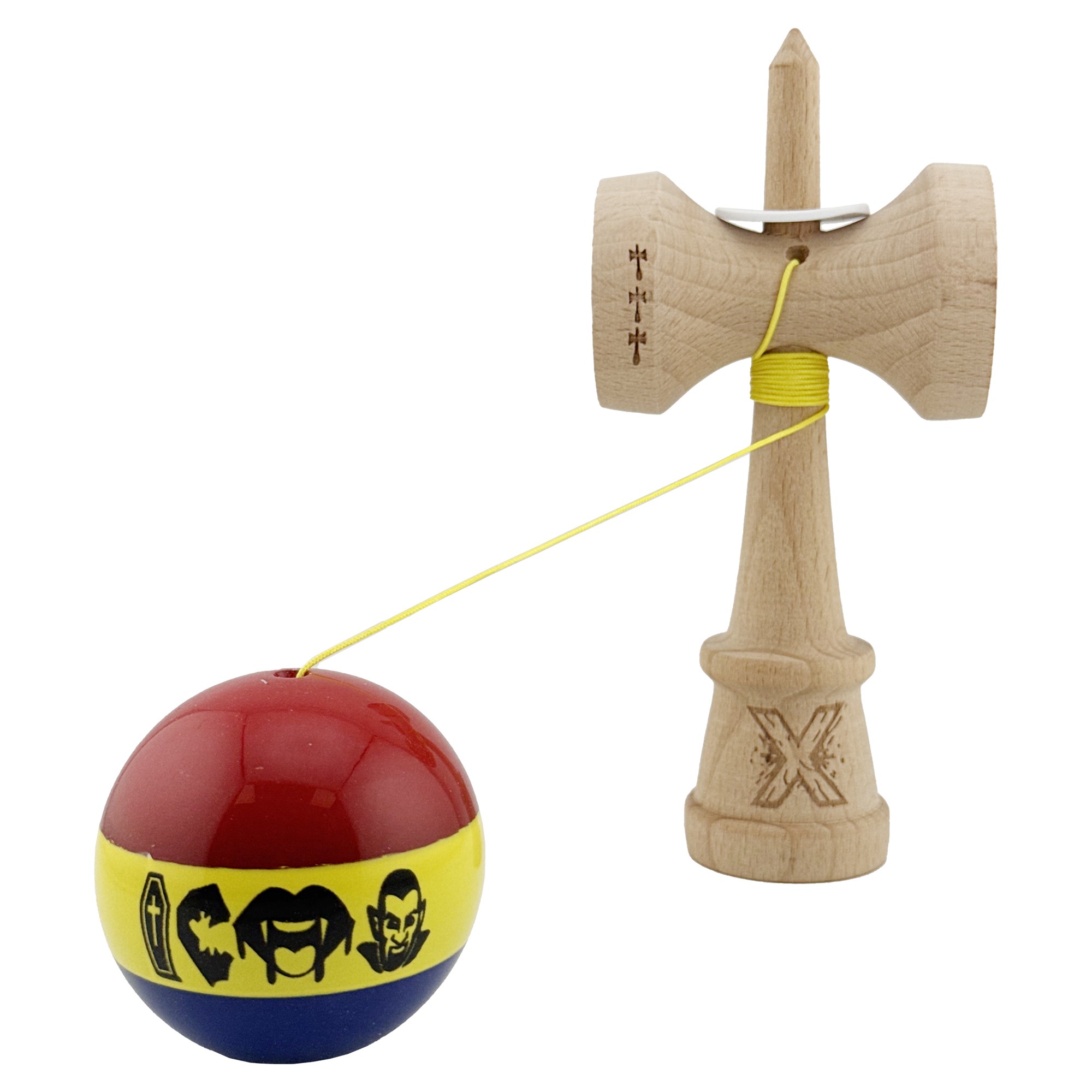 Kendama X Originala, Profesionala, Flippy, Tricolor Edition Vampir Dracula, Super Sticky cu Cupe Mari KING SIZE V3, Rulment Metalic si Gaura in Baza, din Lemn 18 cm, Ata 62/65 cm, Multicolor - imagine 4