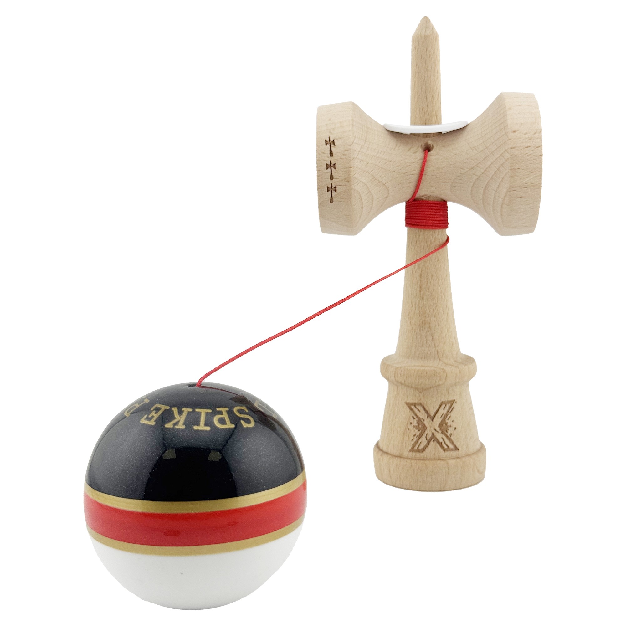 Kendama X Originala ROYAL SPIKE, Profesionala, Flippy, Cupe Mari KING SIZE V3, Super Sticky, Gaura in Baza, Rulment Metalic, din lemn 18 cm, Ata 62/65 cm, Inel Rosu - imagine 4