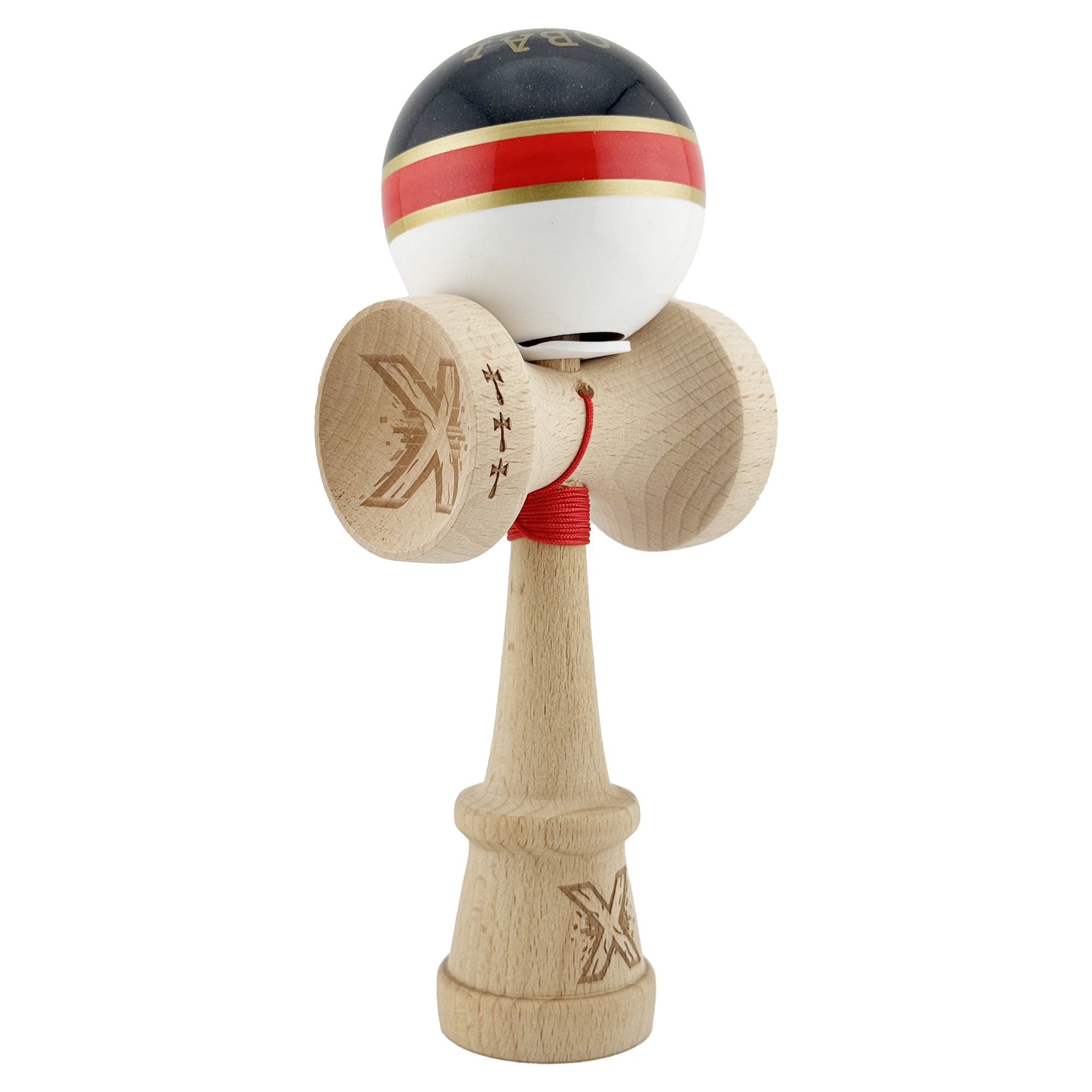 Kendama X Originala ROYAL SPIKE, Profesionala, Flippy, Cupe Mari KING SIZE V3, Super Sticky, Gaura in Baza, Rulment Metalic, din lemn 18 cm, Ata 62/65 cm, Inel Rosu