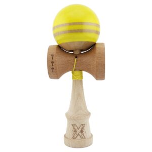 Kendama X Rainbow Originala, Profesionala, Flippy, Big Cups V2, Super Sticky cu Cupe Mari, Rulment Metalic, din lemn 18 cm, Ata 55 cm, Galben/Maro