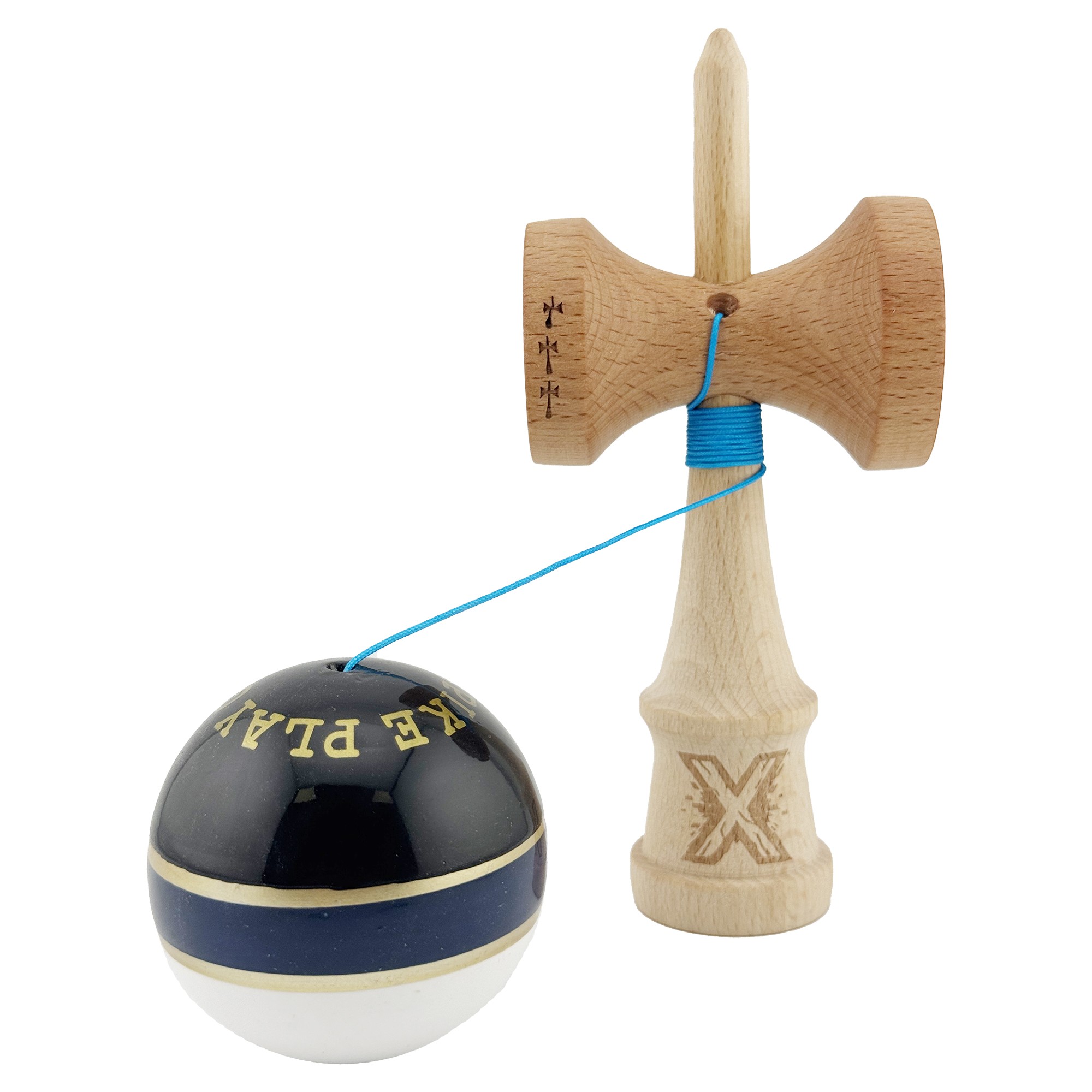Kendama X ROYAL SPIKE Originala, Profesionala, Flippy, Big Cups V2, Super Sticky cu Cupe Mari, Rulment Metalic, din lemn 18 cm, Ata 55 cm, Negru/Dark Blue Gold/Alb - imagine 3