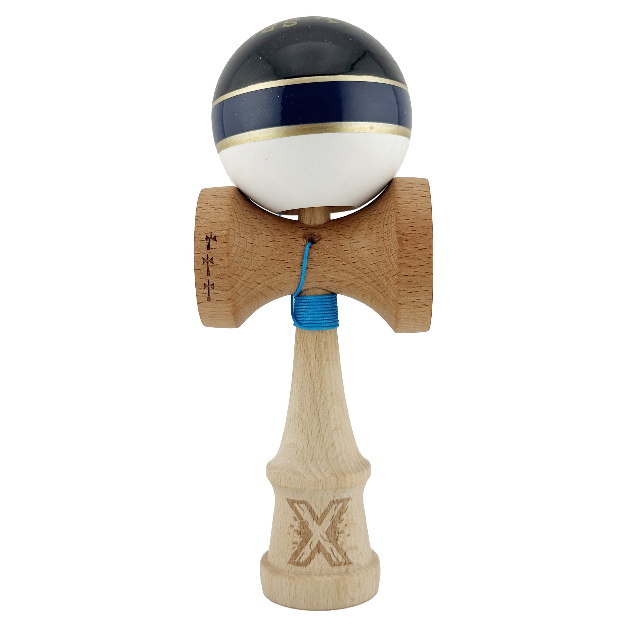 Kendama X ROYAL SPIKE Originala, Profesionala, Flippy, Big Cups V2, Super Sticky cu Cupe Mari, Rulment Metalic, din lemn 18 cm, Ata 55 cm, Negru/Dark Blue Gold/Alb
