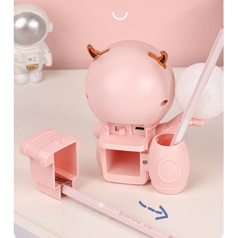 Lampa de Veghe 2in1, Flippy, Lampa, Ascutitoare si Spatiu Depozitare, Model Astronaut, Incarcare USB, din ABS, 12 x 7 x 11 cm, Lumina Led, Multicolor - imagine 3