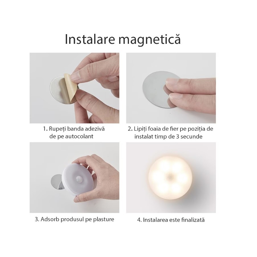 Lampa de Veghe LED, Flippy, cu Senzor de Miscare, Incarcare USB, 0.6W, 300mAh, Design Rotund, Alb, 8.5x2.3 cm - imagine 4