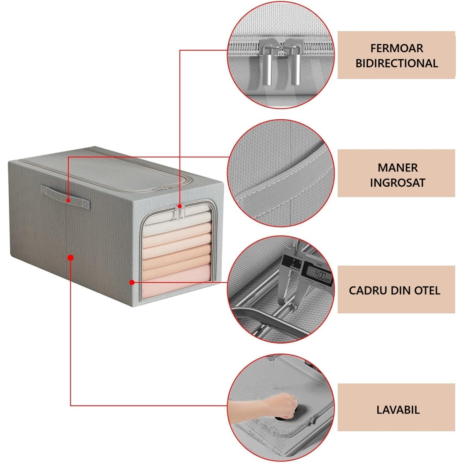 Cutie de Depozitare, Flippy, 49L, din In si Bumbac, Pliabila, Cadru din Otel, 47 x 35 x 30 cm, Albastru Fumuriu - imagine 2