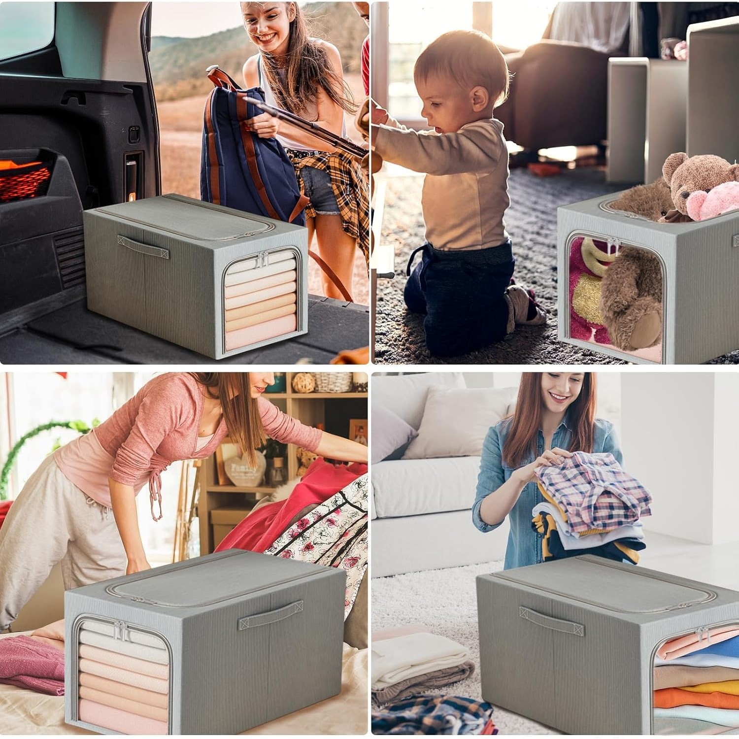 Cutie de Depozitare, Flippy, 49L, din In si Bumbac, Pliabila, Cadru din Otel, 47 x 35 x 30 cm, Albastru Fumuriu - imagine 4