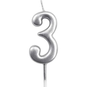 Lumanare de Tort, Flippy, Model Cifra 3, Party, 4.5 x 2.5 cm, din Parafina, Argintiu