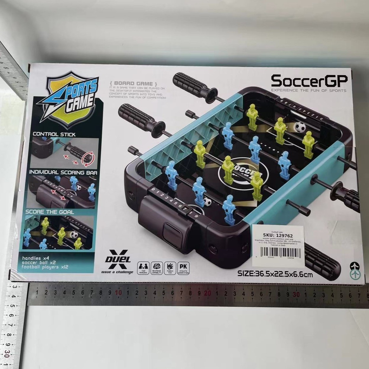 Masa de Fotbal cu Teren si 12 Jucatori Flippy, 4 Manere, 2 Mingi, cu Tablou Scor, din ABS, 36.5x22.5x6.6 cm, Design Multicolor, pentru Copii/ Adulti - imagine 2