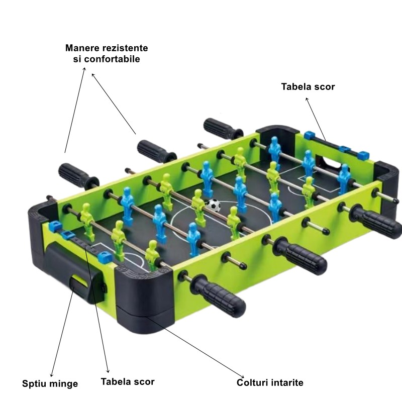 Masa de fotbal cu teren si 18 jucatori Flippy, 6 manere, cu Tablou Scor, din Metal si ABS, 51 x 44 x 17.5 cm, Design Multicolor, pentru copii/adulti, verde - imagine 2