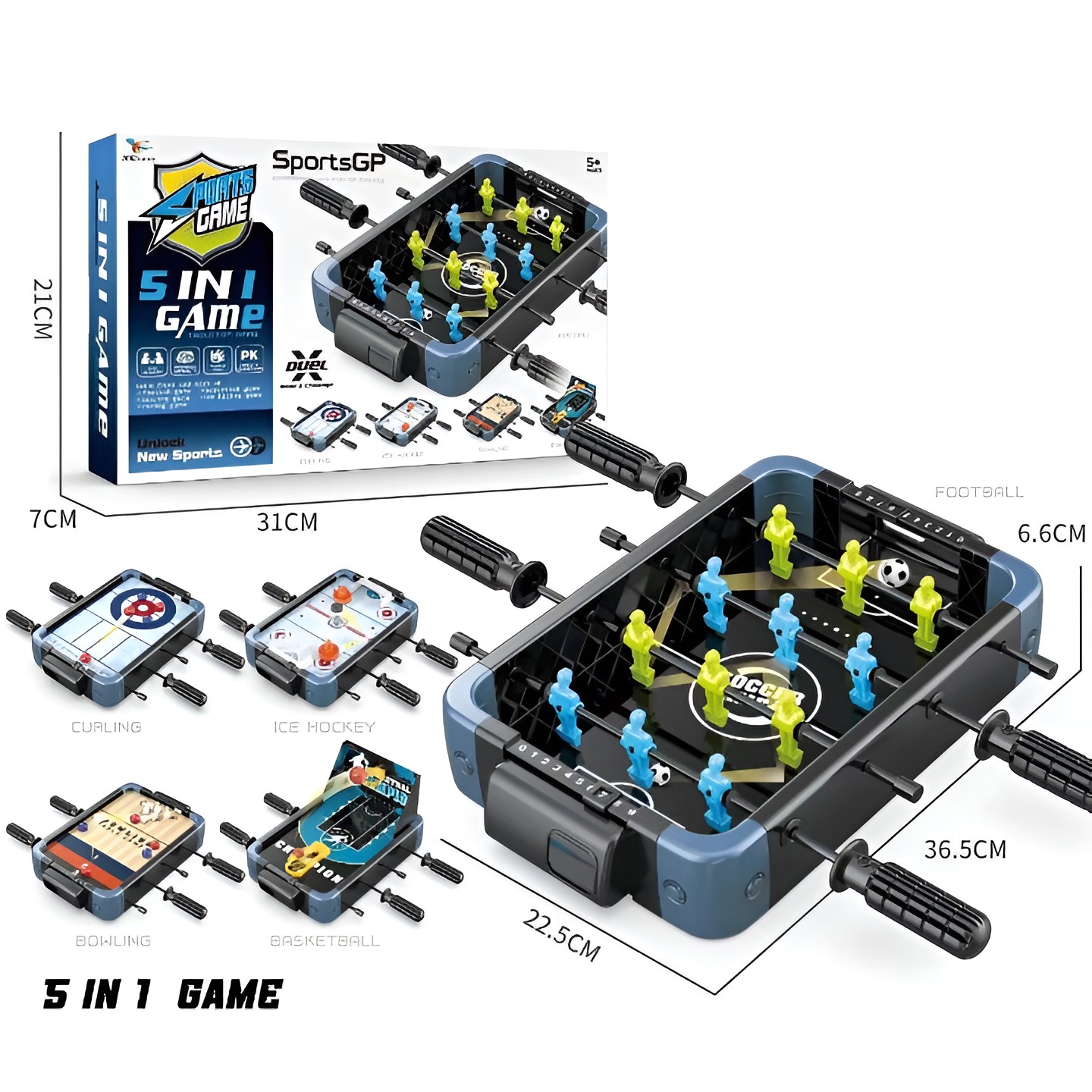 Masa de Joc 5in1 Flippy, cu Teren Schimbabil de Fotbal, Basket, Bowling, Curling si Hockey, cu Tablou Scor, din ABS, 36.5x22.5x6.6 cm, Design Multicolor, pentru Copii/ Adulti - imagine 2