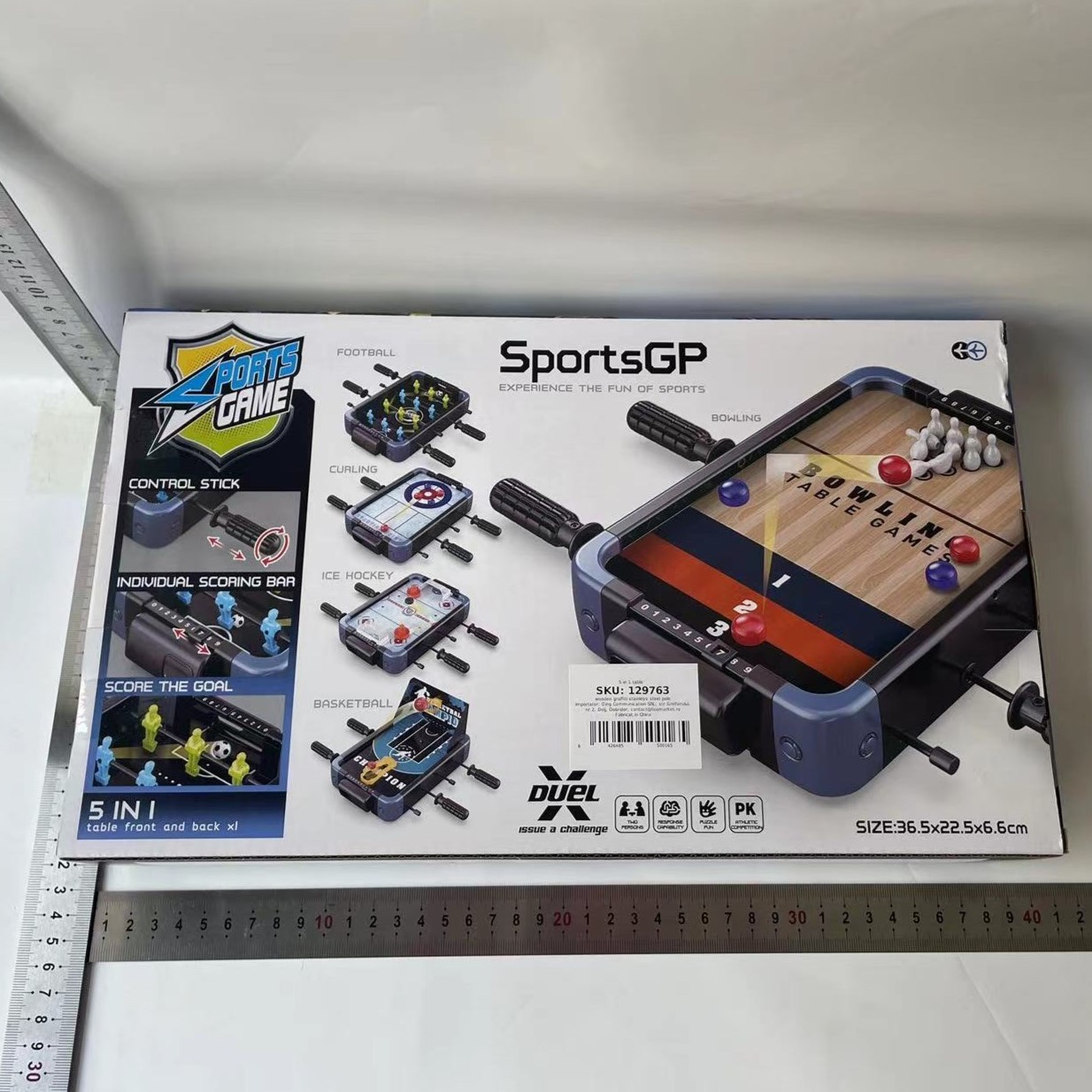 Masa de Joc 5in1 Flippy, cu Teren Schimbabil de Fotbal, Basket, Bowling, Curling si Hockey, cu Tablou Scor, din ABS, 36.5x22.5x6.6 cm, Design Multicolor, pentru Copii/ Adulti - imagine 3