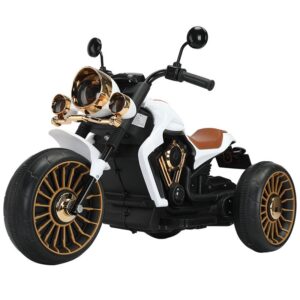 Tricicleta Electrica pentru Copii, Flippy, cu 2 Acumulatoare 380*2, 6V 4.5, Sistem Anti-Rasturnare, Sistem de Lumini si Sunet, 6-8 Ani, 93 x 48 x 63 cm, Alb Negru