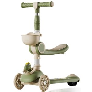 Trotineta Multifunctionala 3 in 1, Flippy, pentru Copii, 1-7 Ani, cu Lumini si Muzica, Reglabil 360, Pliere Usoara, Reglarea Inaltimii, Model Dinozaur, Bej/Verde