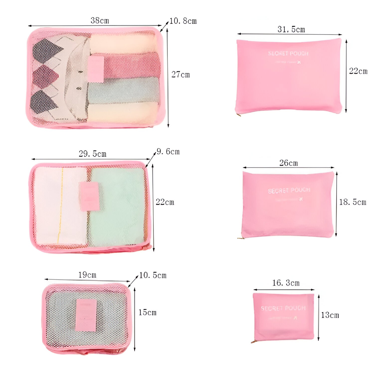 Set 6 Genți de Calatorie, Flippy, pentru Depozitare, Impermeabile, Organizator, Multifuncționale, Design cu Plasa, Pliabile, Fermoar, Dimensiuni Diferite, Roz - imagine 2