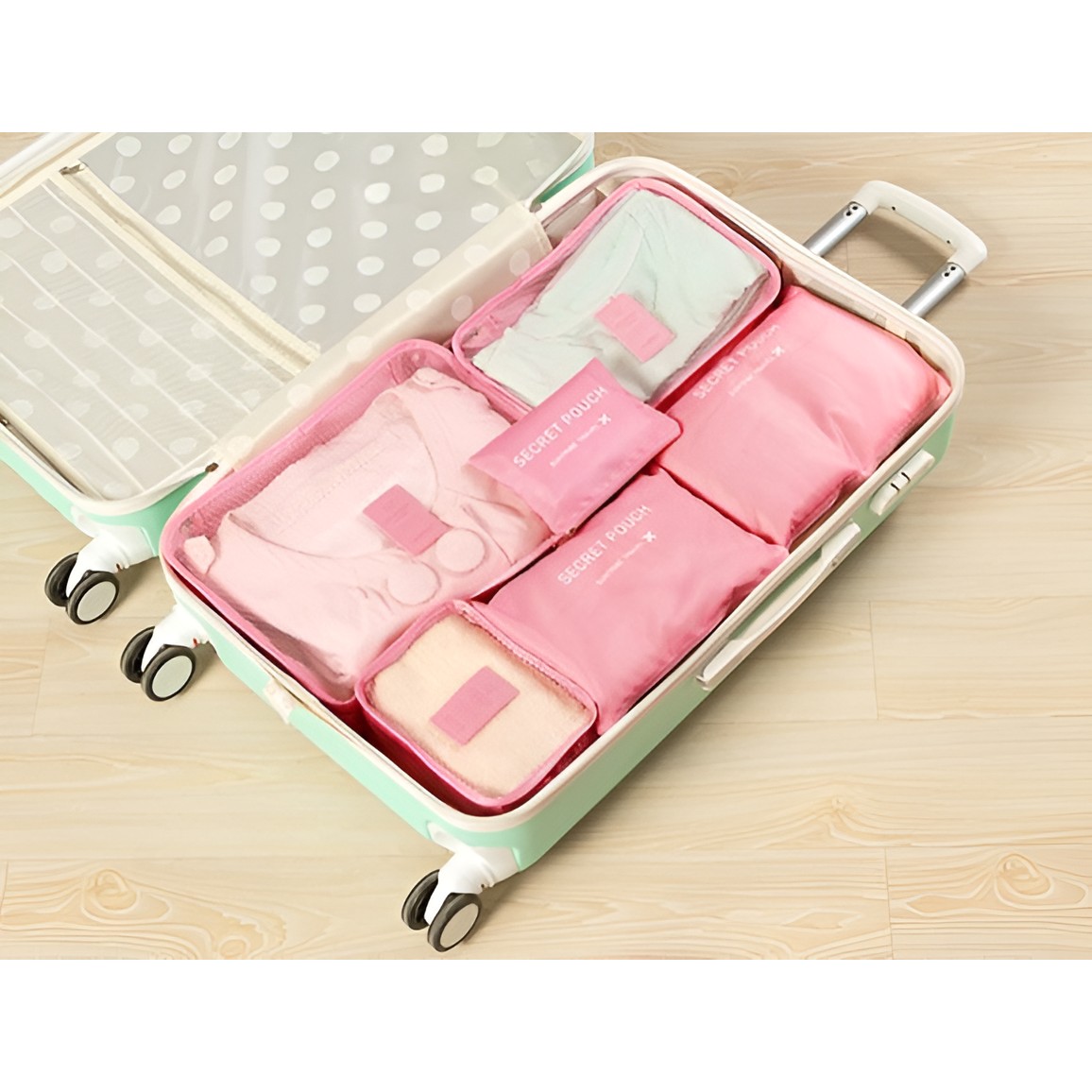 Set 6 Genți de Calatorie, Flippy, pentru Depozitare, Impermeabile, Organizator, Multifuncționale, Design cu Plasa, Pliabile, Fermoar, Dimensiuni Diferite, Roz - imagine 3