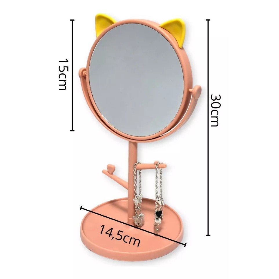 Oglina Cosmetica cu Picior, Flippy, HD, Rotire 360 Grade, 15 cm Diametru, Suport Bijuterii Baza Rotunda + 2 Brate, Model cu Urechi, 31 x 14.5 x 15 cm, din Plastic, Roz/Galben - imagine 3