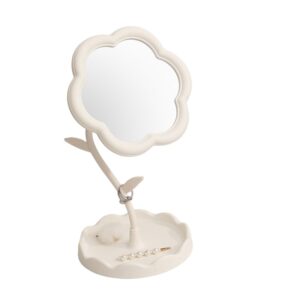 Oglindă de Machiaj pentru Birou, Flippy, Rotativă, Detasabilă, Model de Floarea Soarelui, Suport pentru Inele, cu Depozitare, Alba