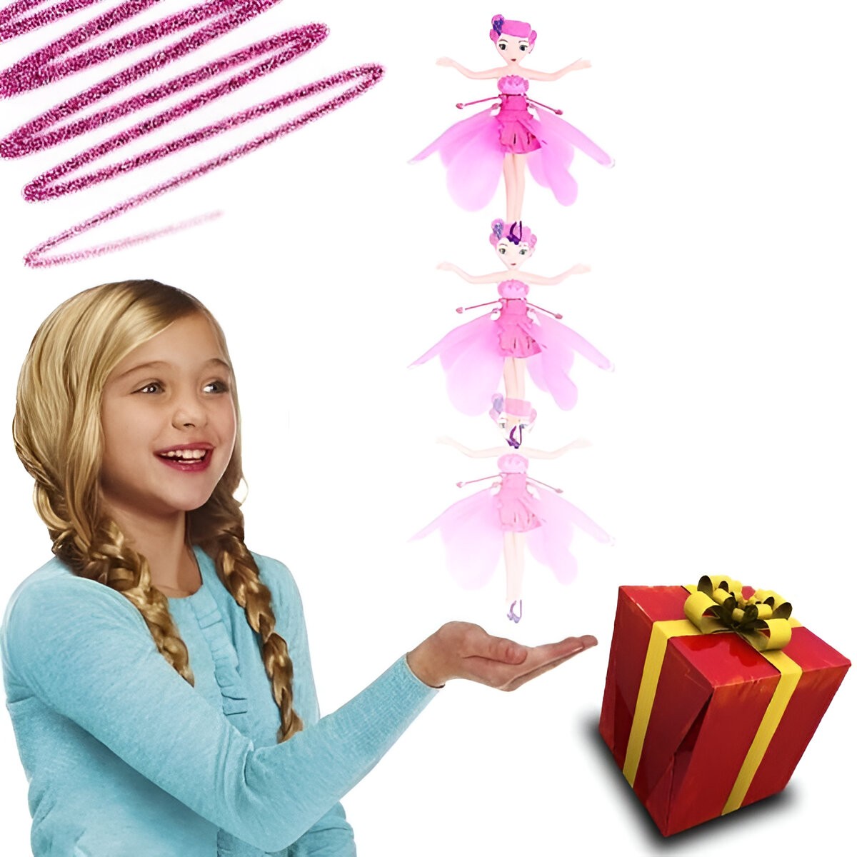 Papusa Zana Zburatoare, Flippy, Jucarie cu Senzor pentru Coordonarea Miscarilor, Incarcare USB, cu Lumini, 19x6.5 cm, Roz - imagine 4