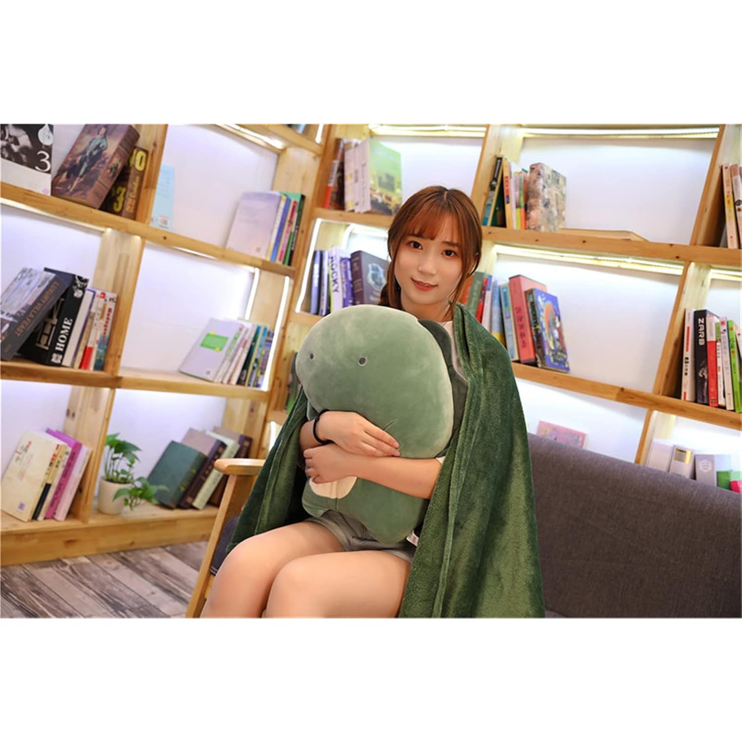 Patura 2in1 pentru Pat sau Canapea, Flippy, Model Jucarie Dinozaur cu Spatiu de Depozitare Patura, Microfibra, 1x1.7 m, Verde - imagine 3