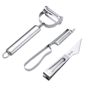 Accesorii de Curatat Decojit Fructe Legume, Flippy, Set 3 Piese, Feliator Cutit Decojitor, Legume si Fructe, din Otel Inoxidabil, cu Maner, Argintiu
