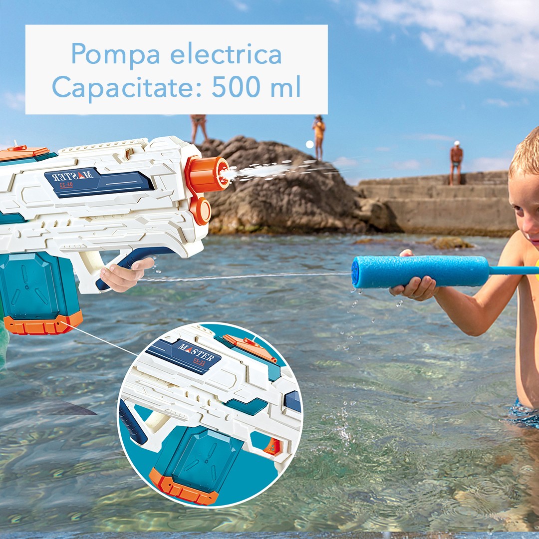Pistol cu Apa pentru Copii 14+ ani, Flippy, Rezervor 600ml, cu baterie 1200mAh, Electric Burst, Alb/Albastru - imagine 4