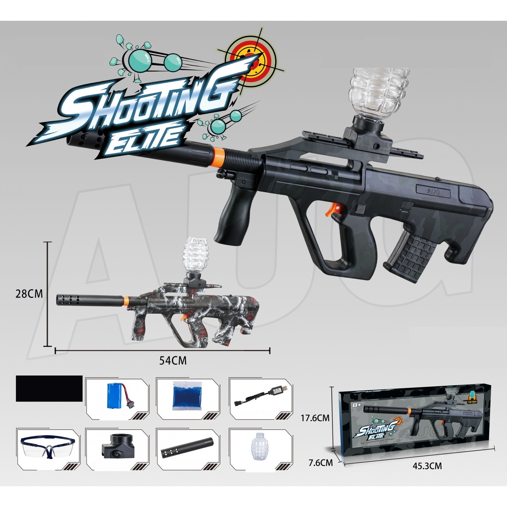 Mitraliera de jucarie electrica Flippy cu bile de hidrogen de gel, gun bluster, tragere in rafala, varsta peste 6 ani, ochelari de protectie, 5000 de bile incluse, cablu de incarcare, 28x31 cm, AUG, negru/gri - imagine 2