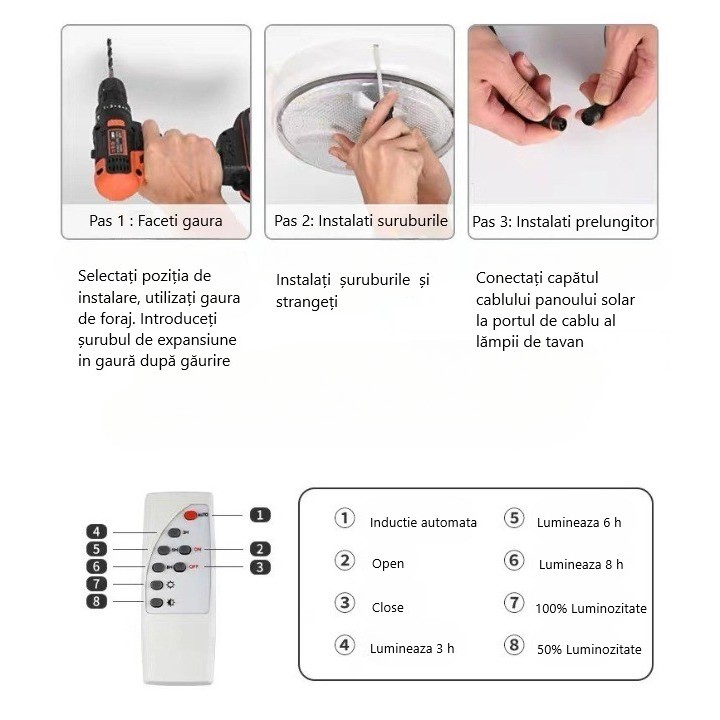 Plafoniera solara Flippy, 200 W, diametru 320 MM, cu telecomanda, Lungime prelungitor: 4.6 m, alb rece - imagine 4